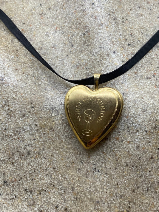 Vintage Gold Locket | Tiny Heart 9k Gold Filled Pendant Photo Memory Charm Engraved First Communion | Choker Necklace