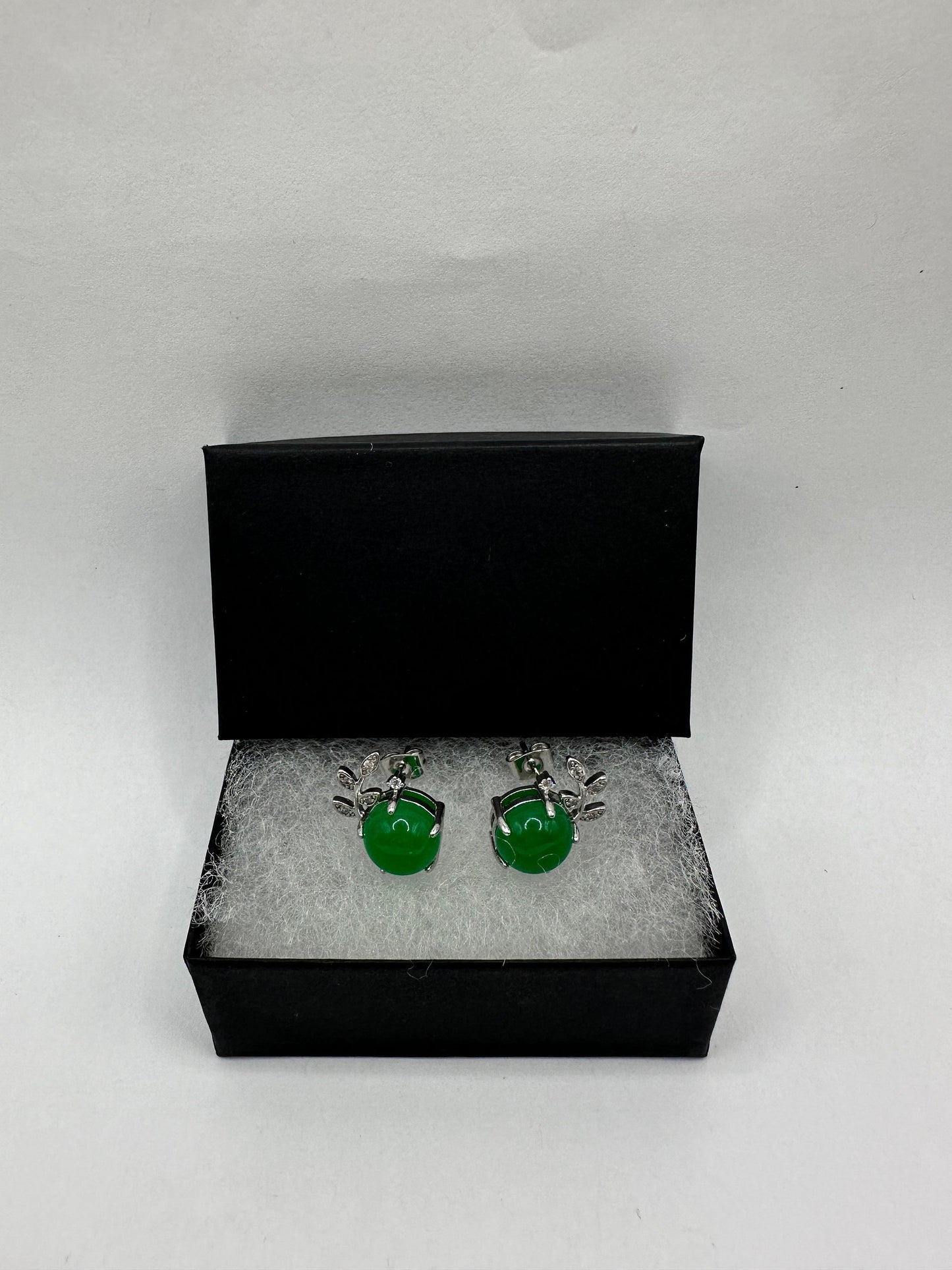 Genuine Green Jade Gemstone Silver Bronze Stud Earrings