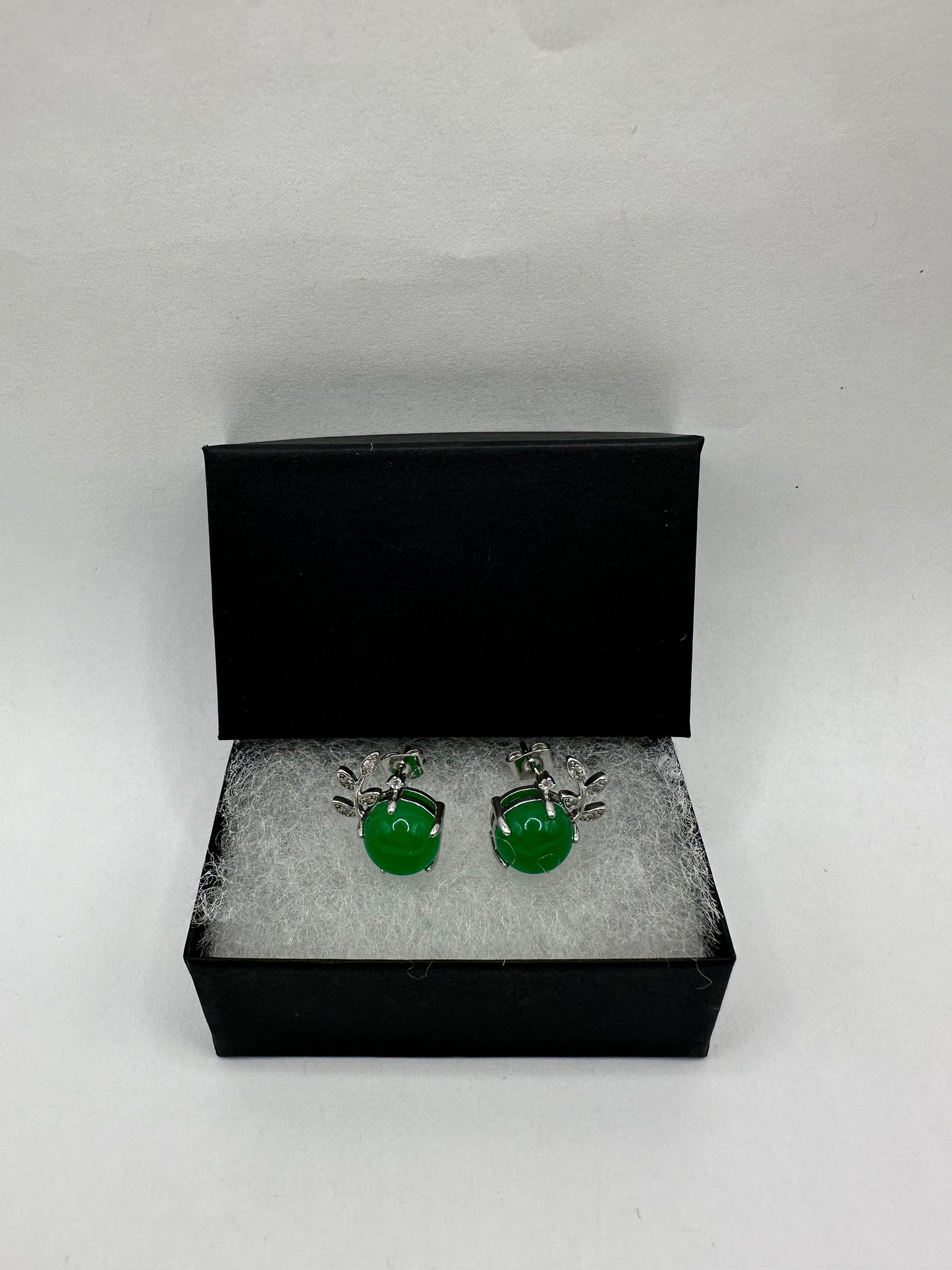 Genuine Green Jade Gemstone Silver Bronze Stud Earrings