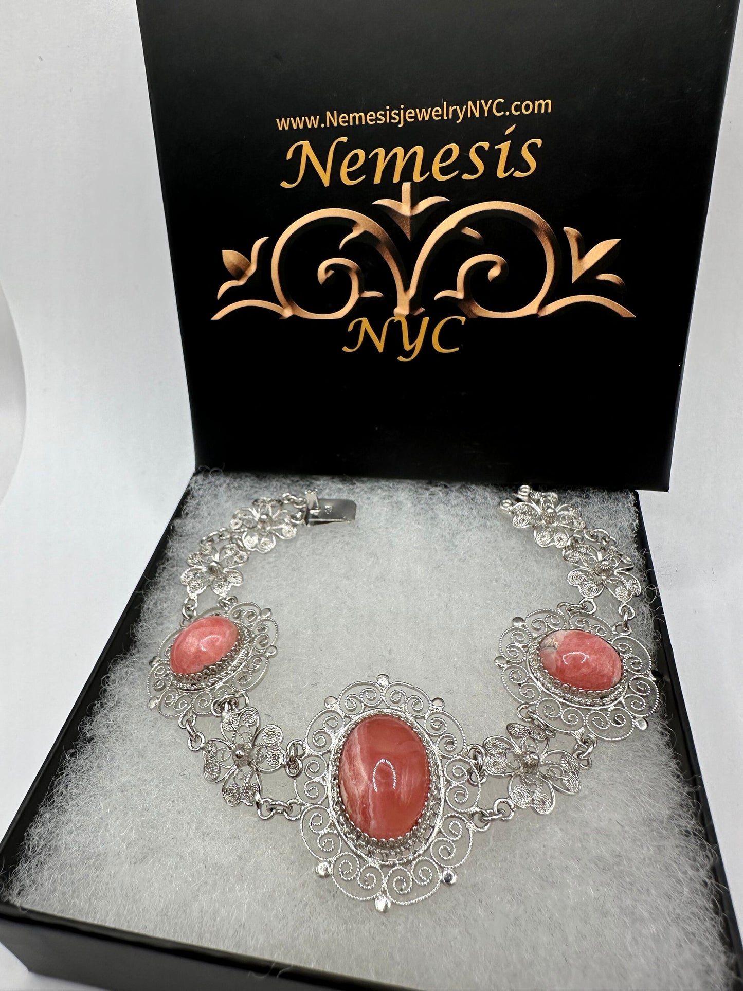 Vintage Pink Rhodochrosite Bangle Cuff Bracelet White Bronze Silver