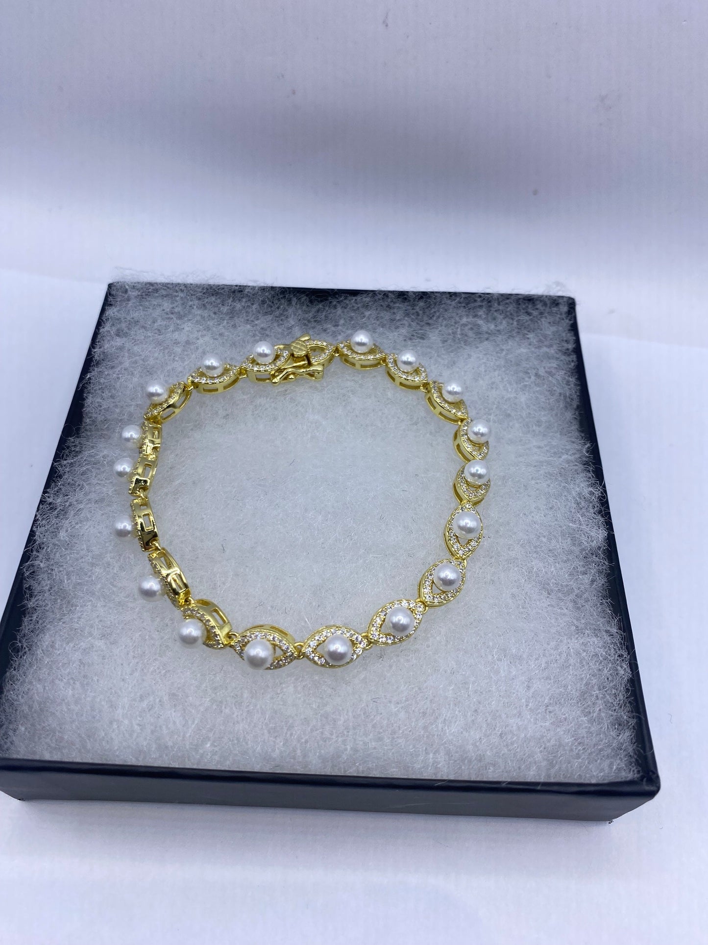 Vintage Pearl Bracelet in Gold Finished 925 Sterling Silver