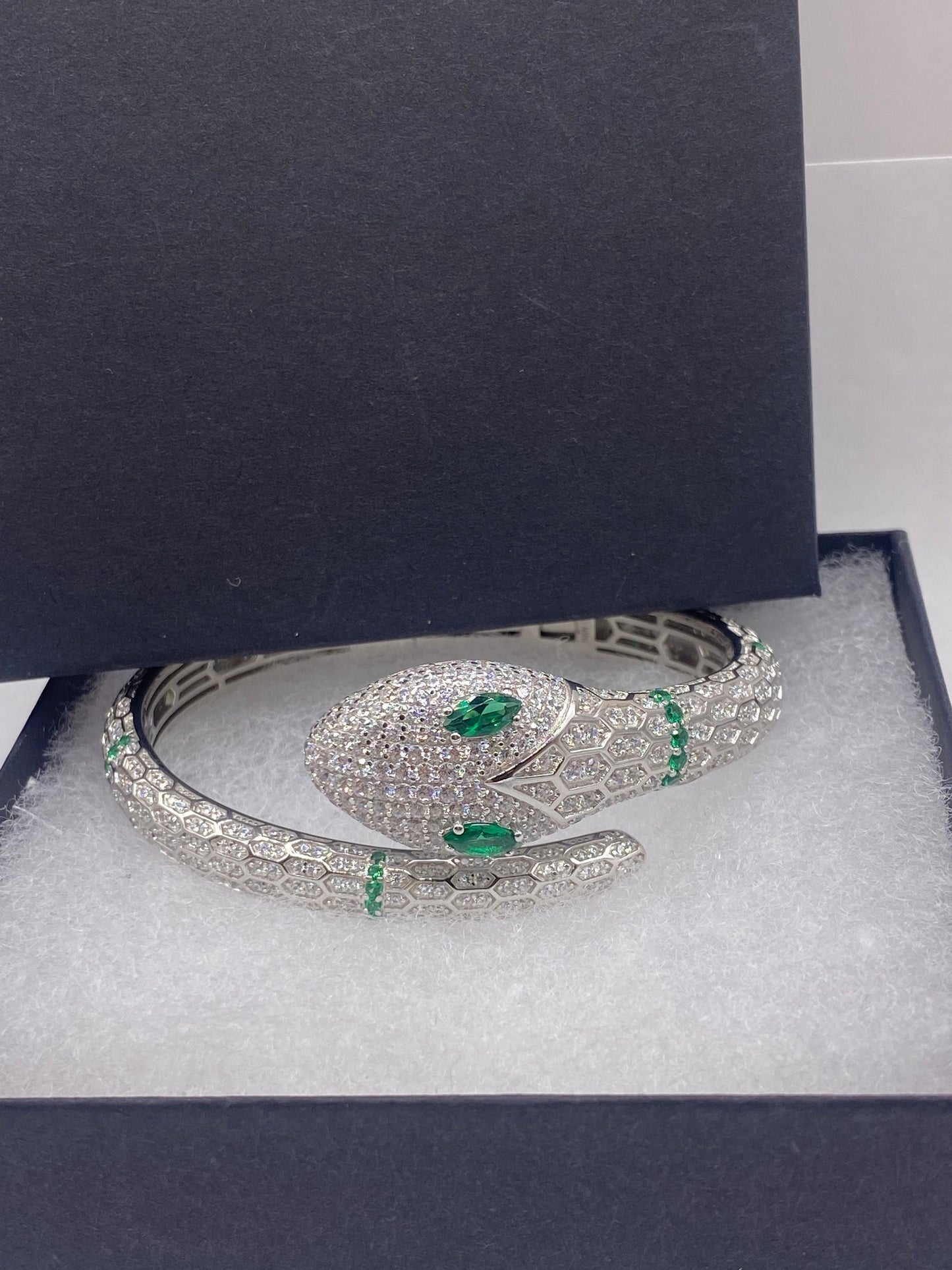 Vintage Snake Bangle Bracelet 925 Sterling Silver Crystal Pave