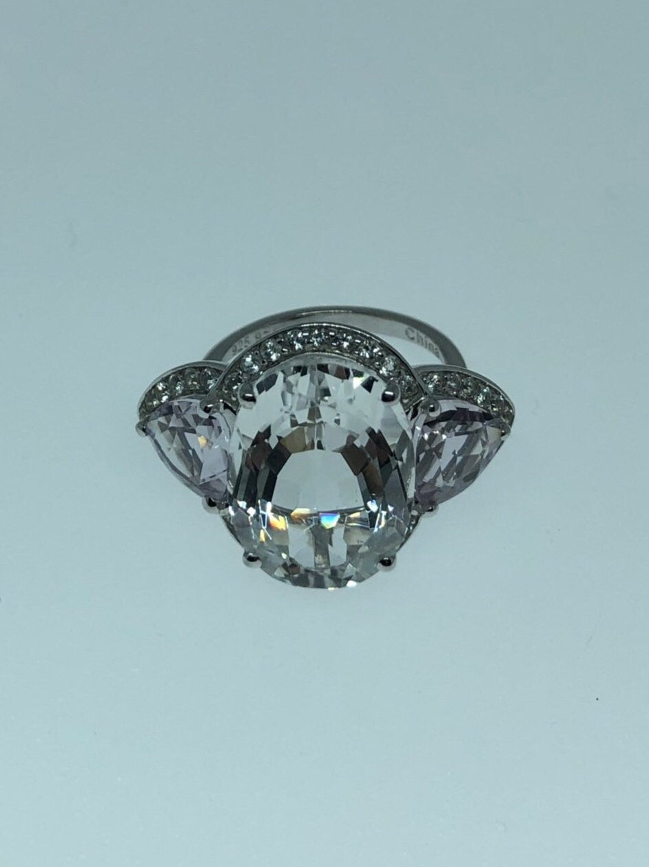 Vintage Clear Quartz Purple Amethyst 925 Sterling Silver Ring