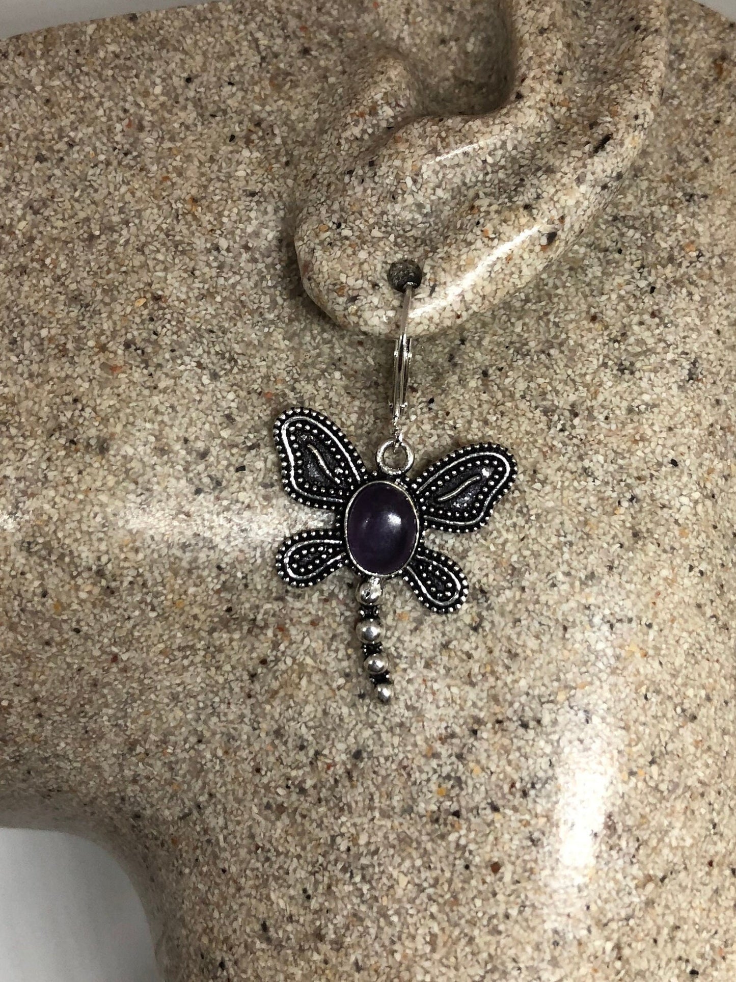 Vintage Purple Amethyst Lever Back Earrings 925 Sterling Silver Chandelier Dragonfly