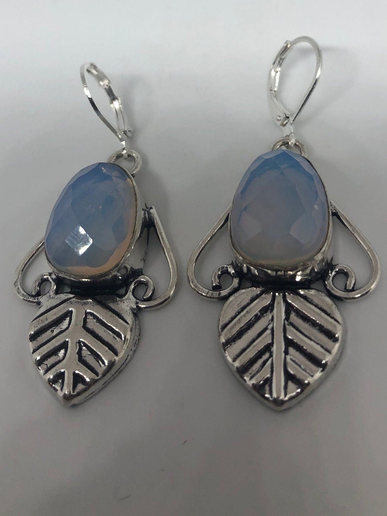 Antique Vintage Blue White Opal Glass Silver Dangle Earrings