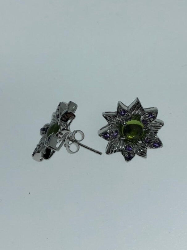 Vintage 925 Sterling Silver Green Peridot Post Button Earrings
