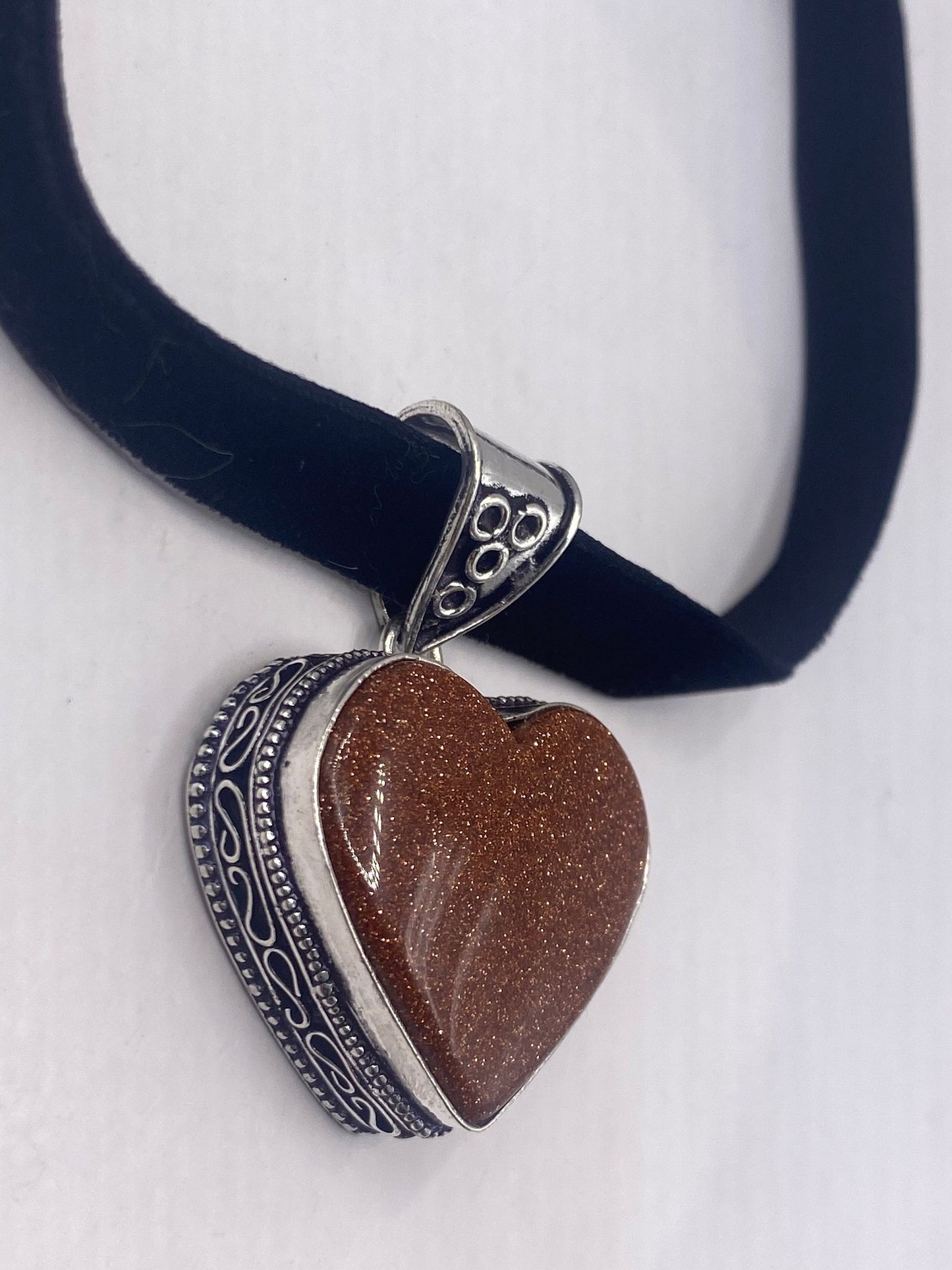 Vintage Golden Sandstone Heart Choker Goldstone Silver Necklace