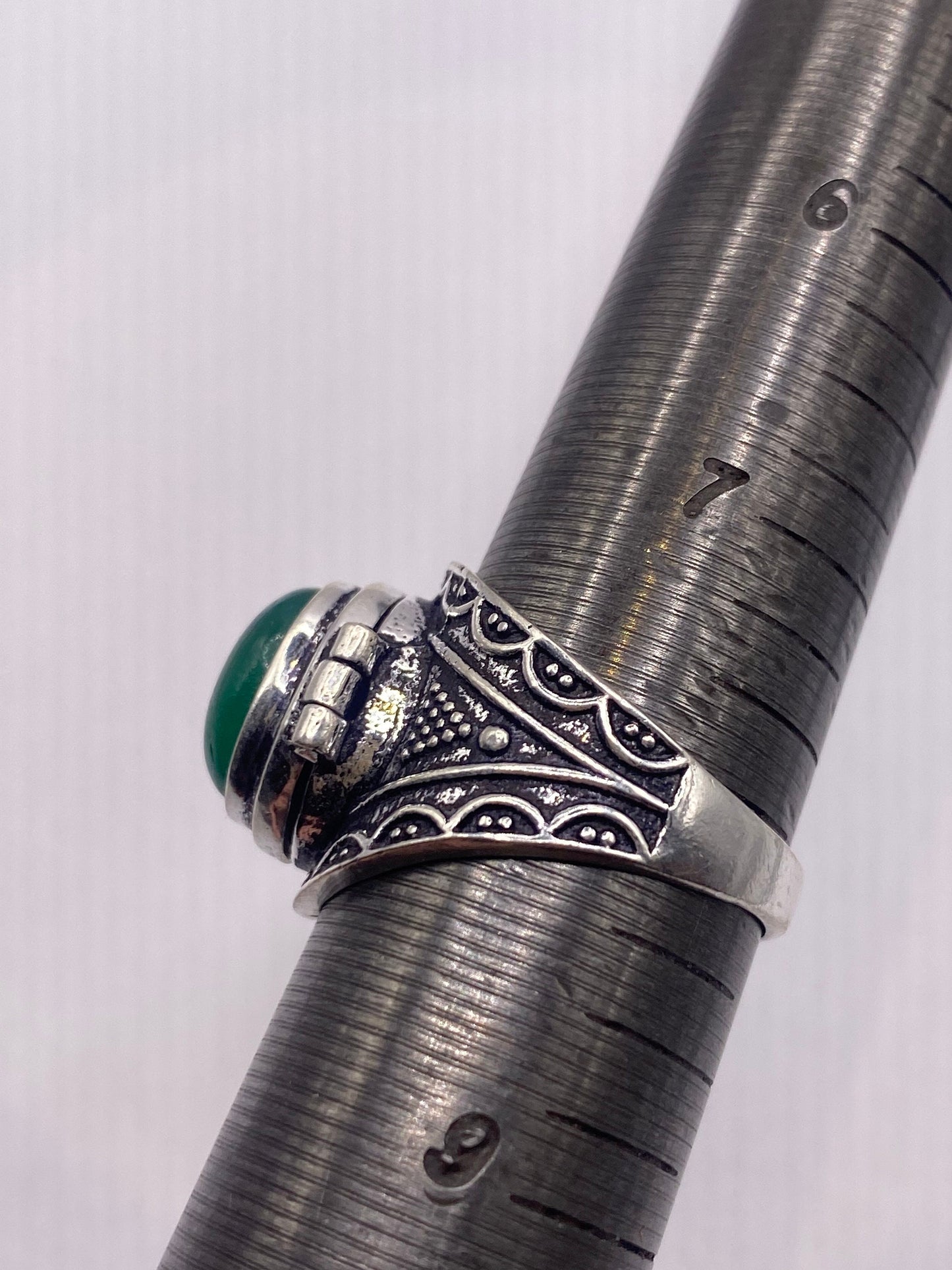 Vintage Green Chrysoprase Brass Poison Pillbox Ring