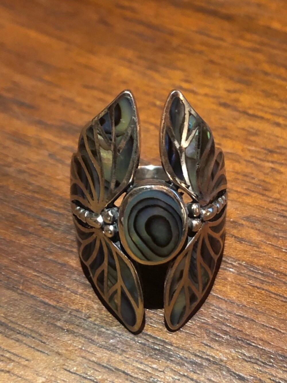 Antique Deco Abalone Lunar Moth Filigree Sterling Silver Ring