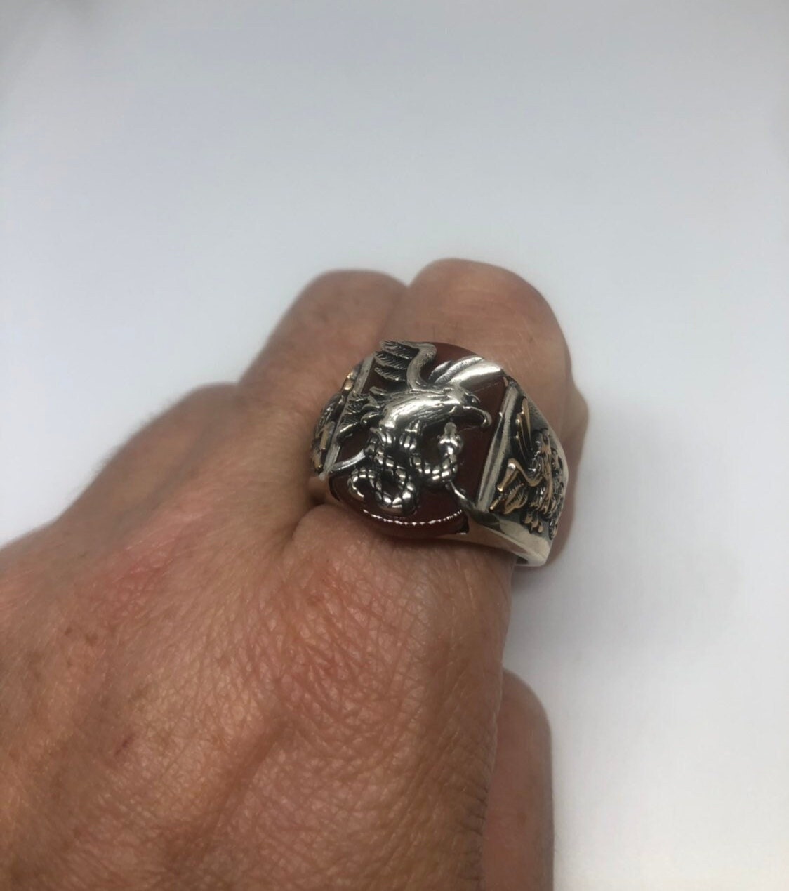Vintage Carnelian Eagle with Snake 925 Sterling Silver Ring