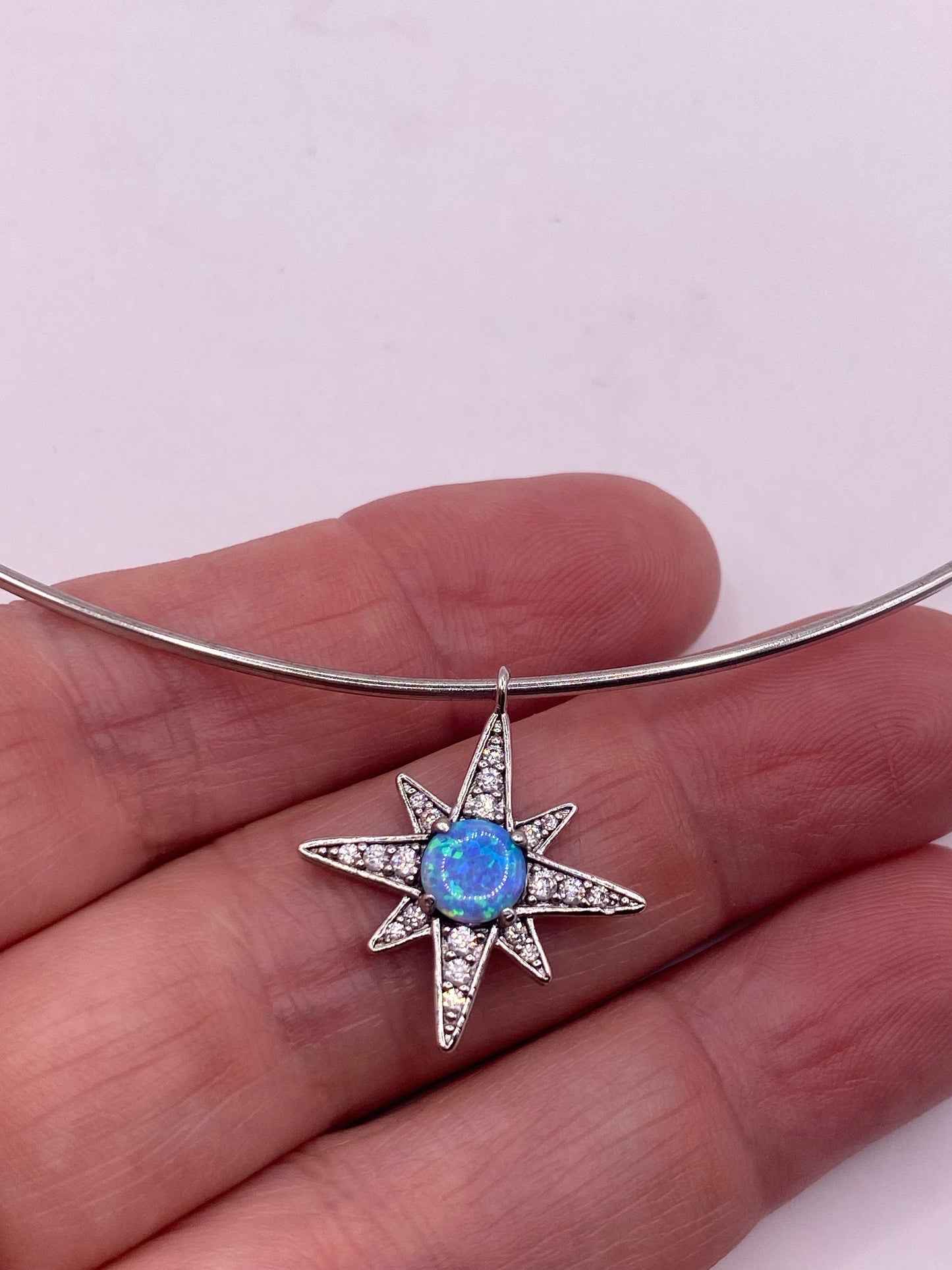 Vintage Blue Opal Star Choker 925 Sterling Silver Hoop Necklace