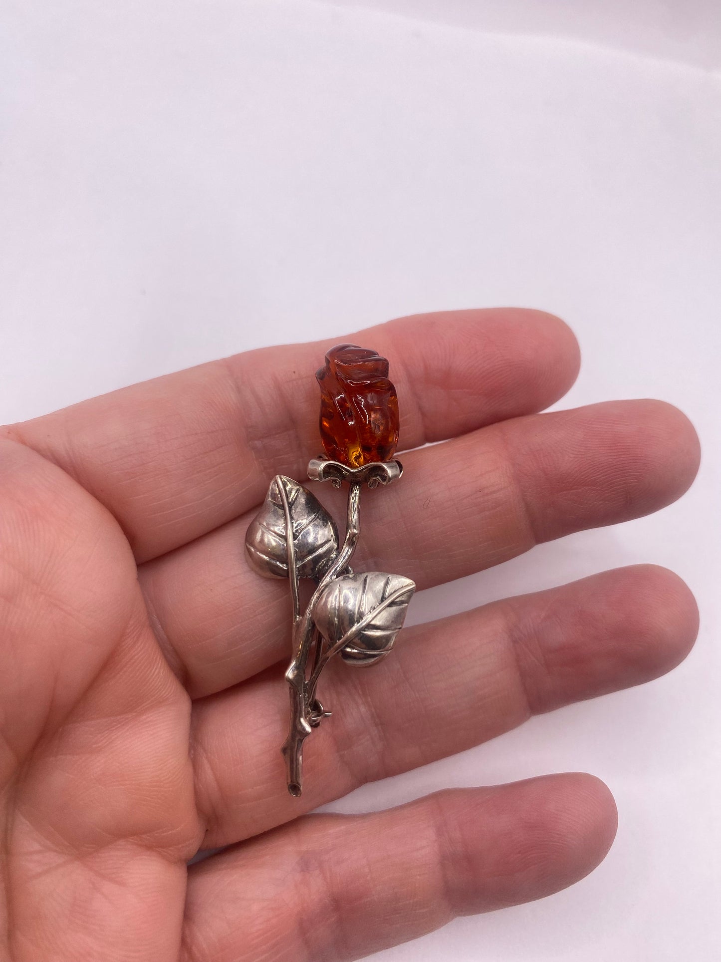 Vintage Hand Carved Golden Baltic Resin Rose Brooch Pin