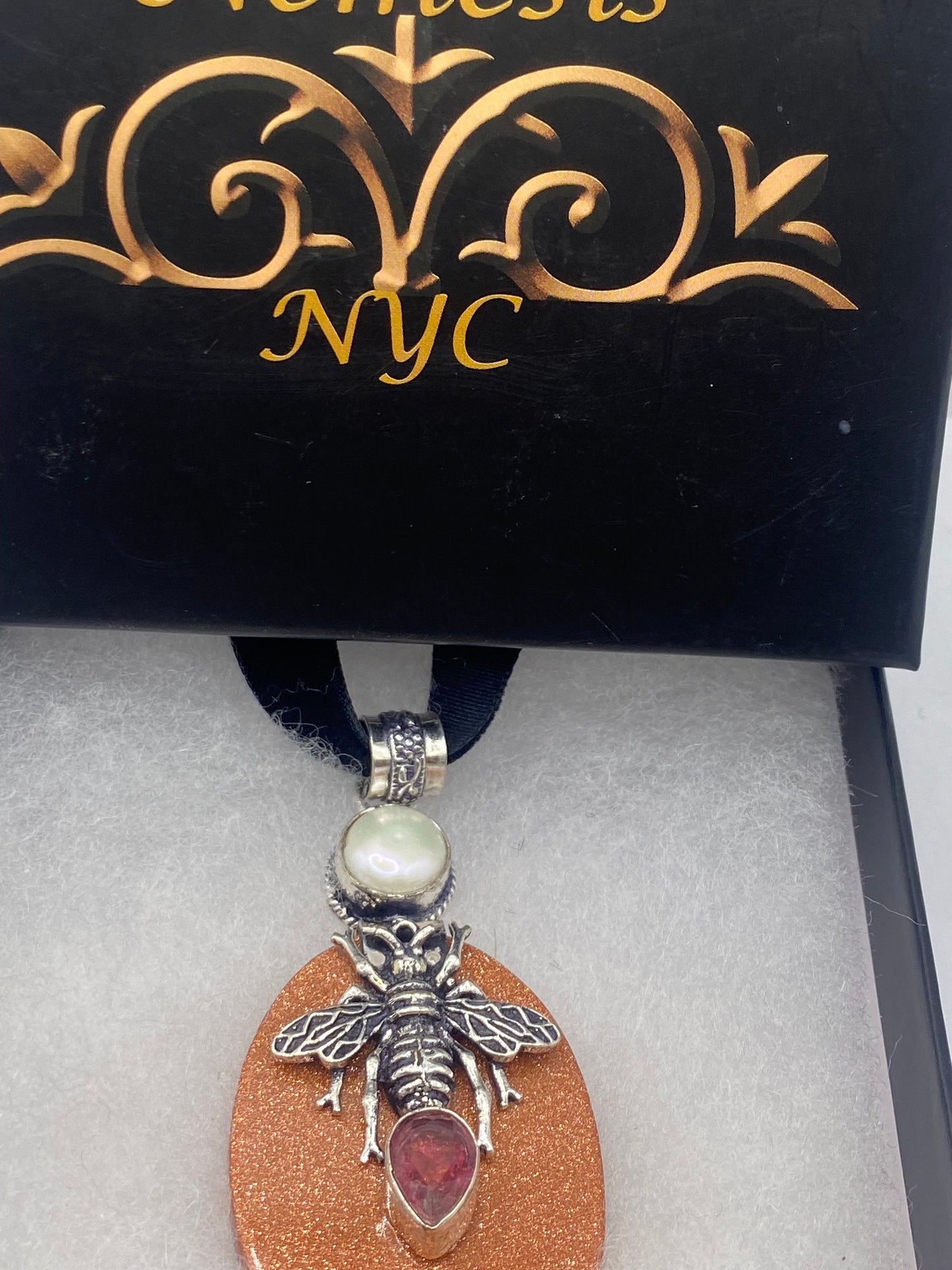 Vintage Golden Sandstone Red Garnet Honeybee Choker Goldstone Silver Necklace