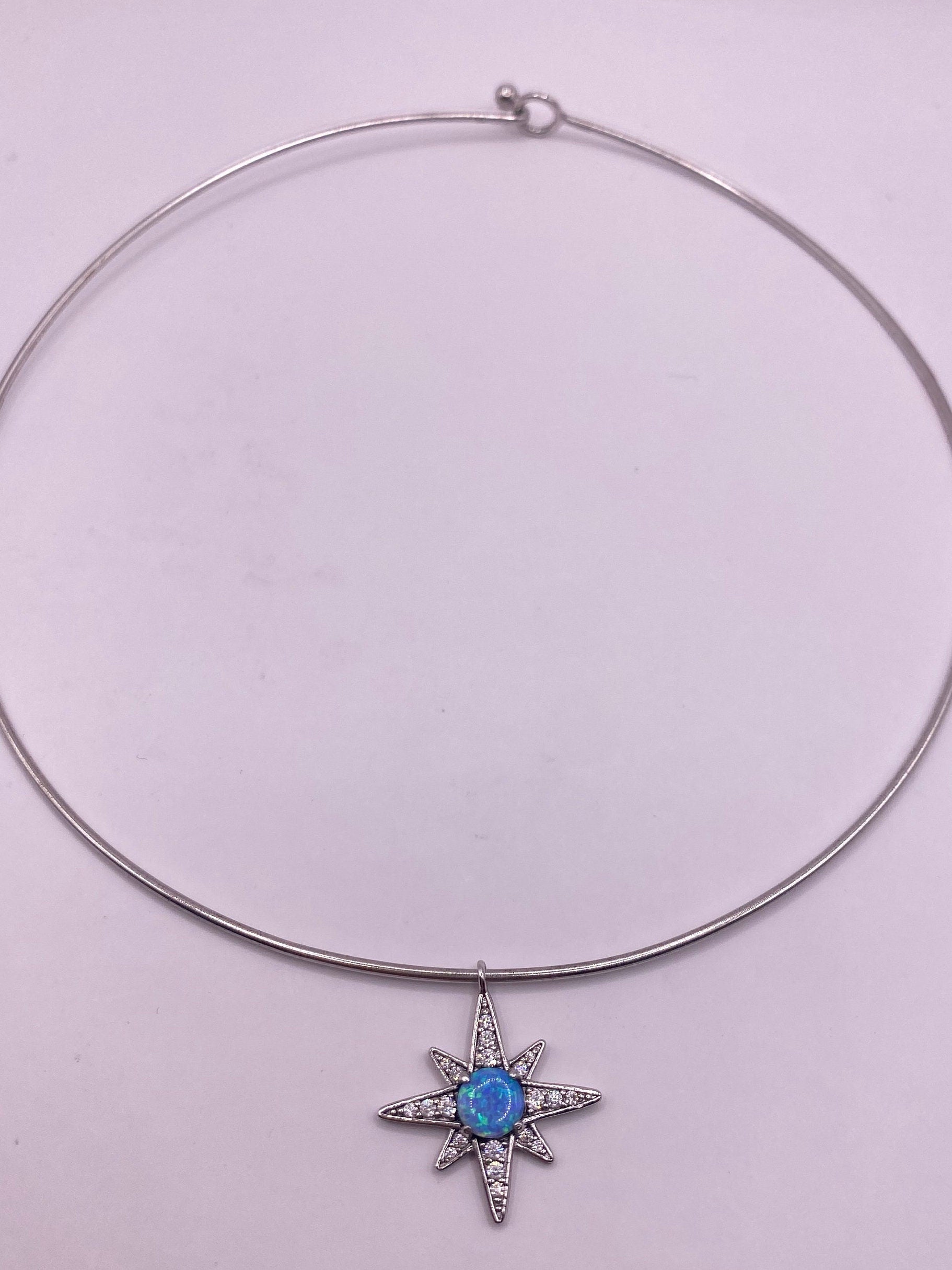 Vintage Blue Opal Star Choker 925 Sterling Silver Hoop Necklace