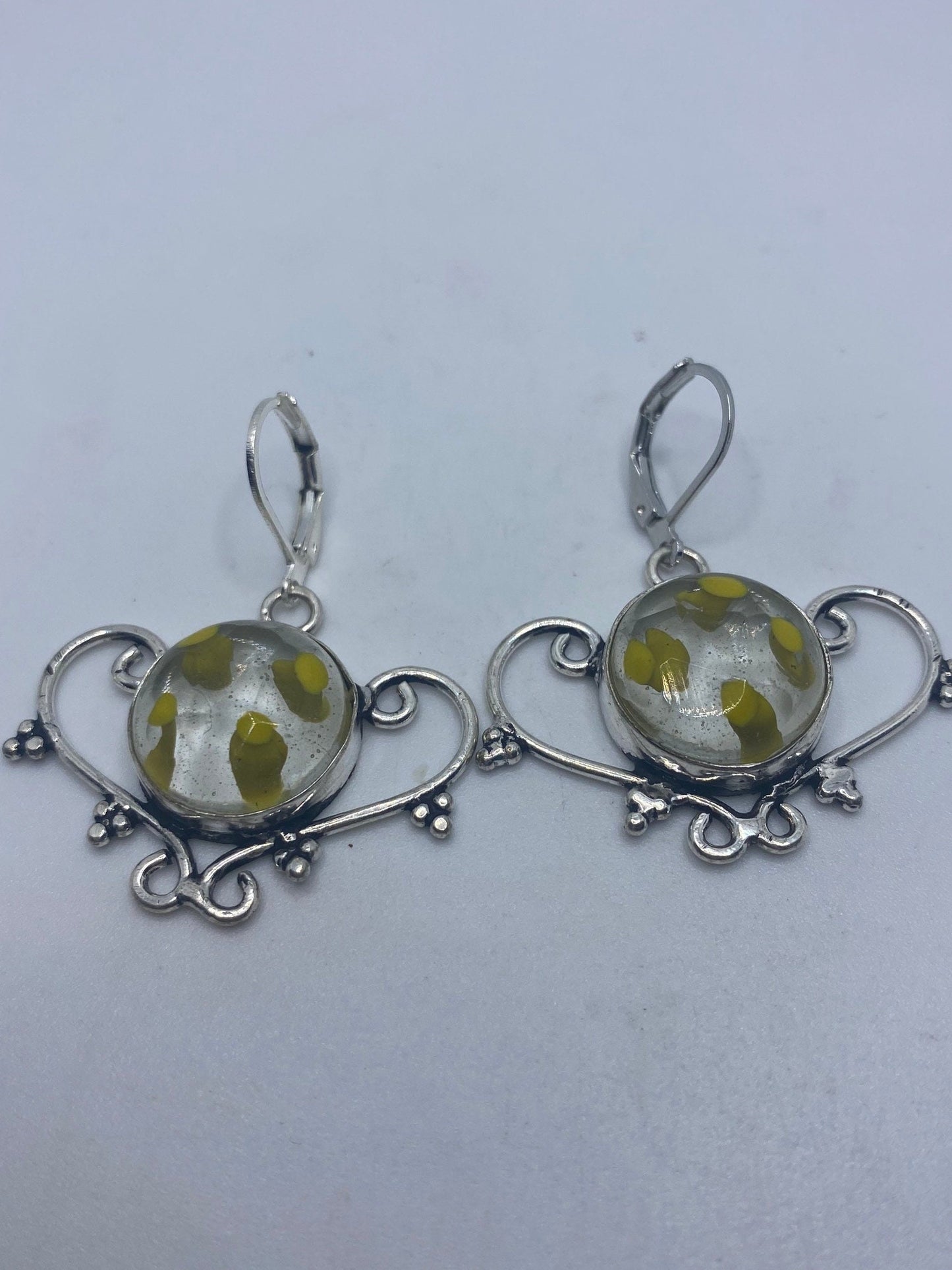 Antique Vintage Chandelier Earrings Yellow Glass Silver Dangle Earrings