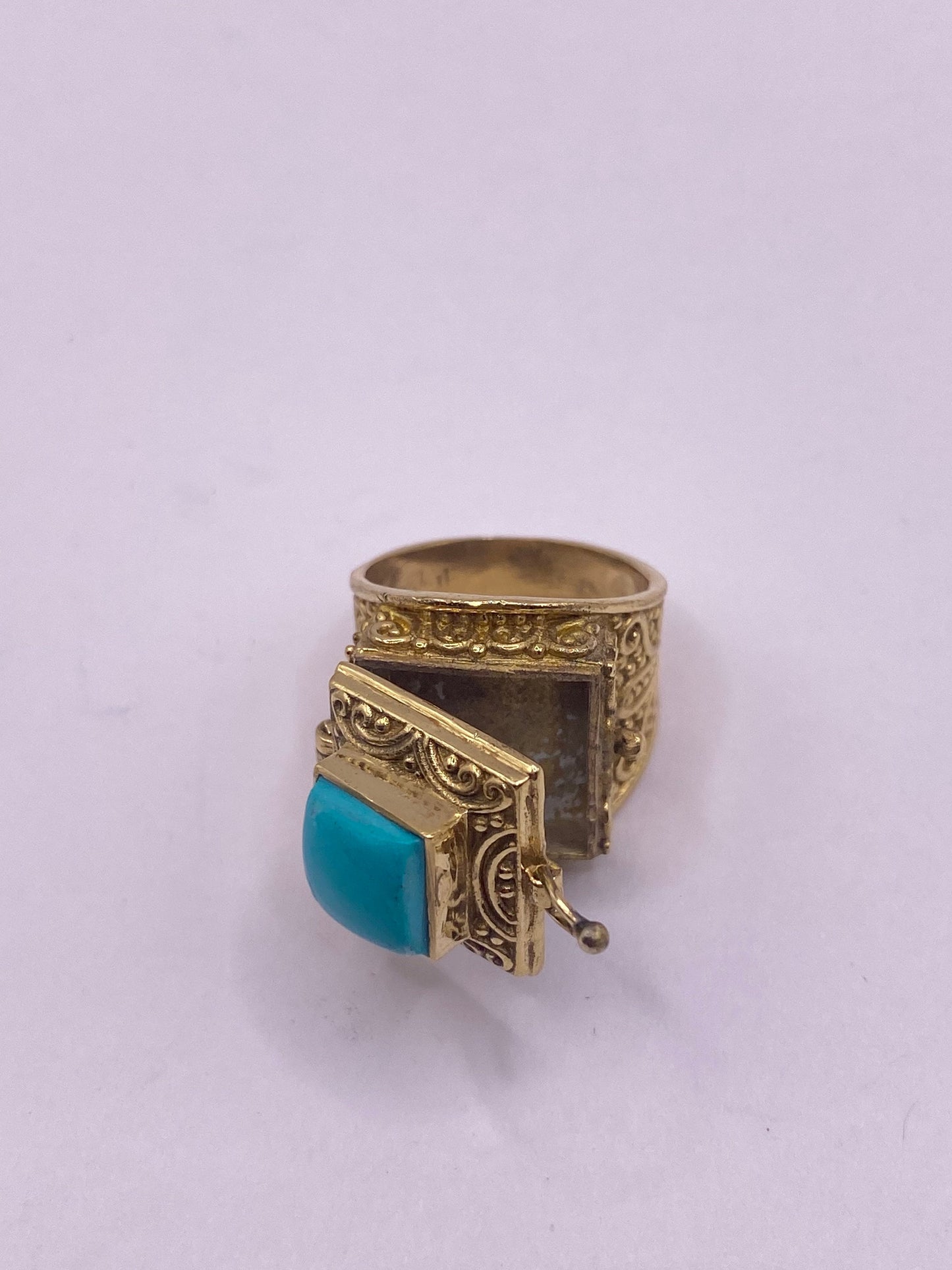 Vintage Gold Turquoise Brass Poison Pillbox Ring