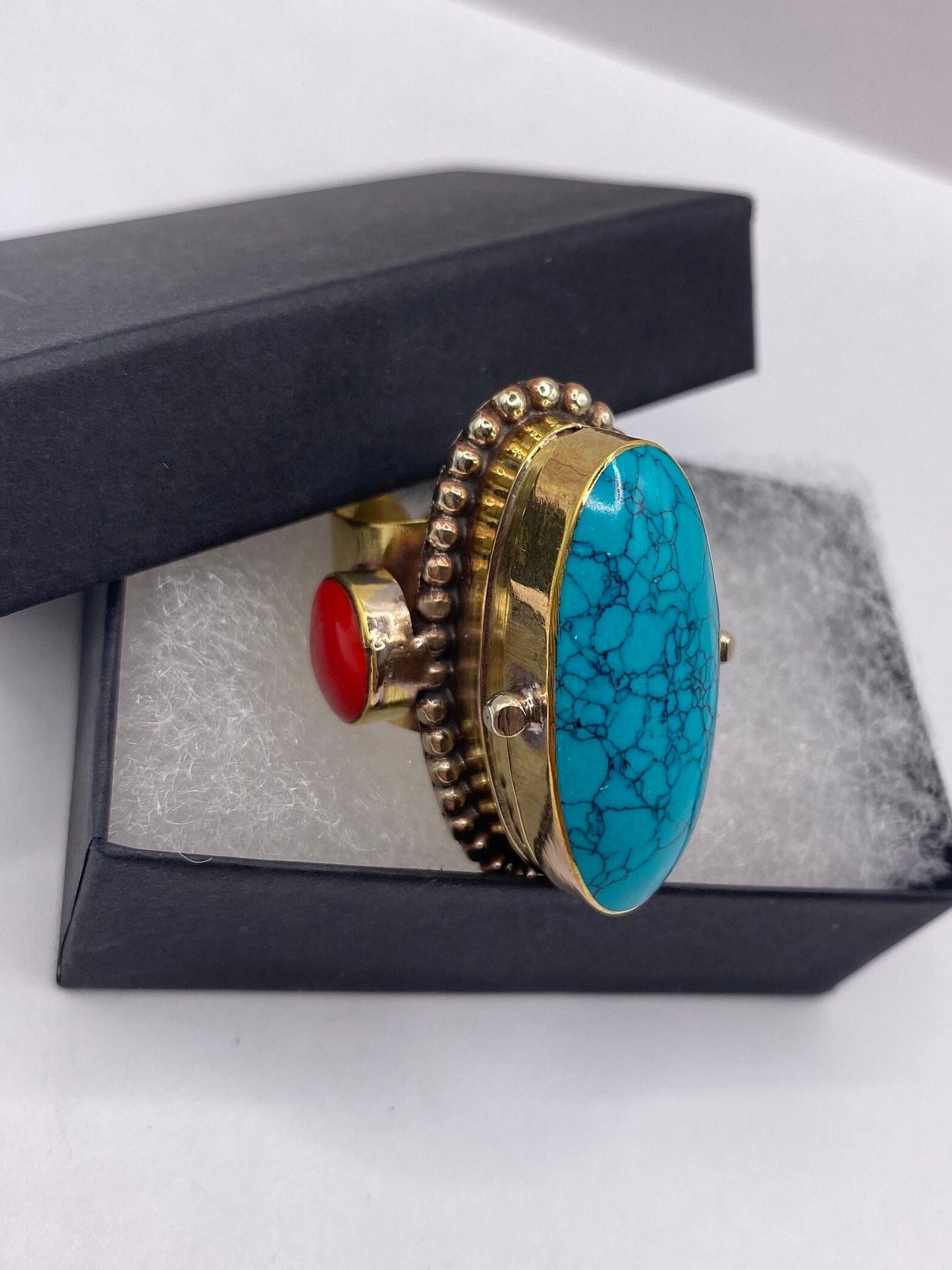 Large stone Brass knuckle poison pillbox adjustable ring