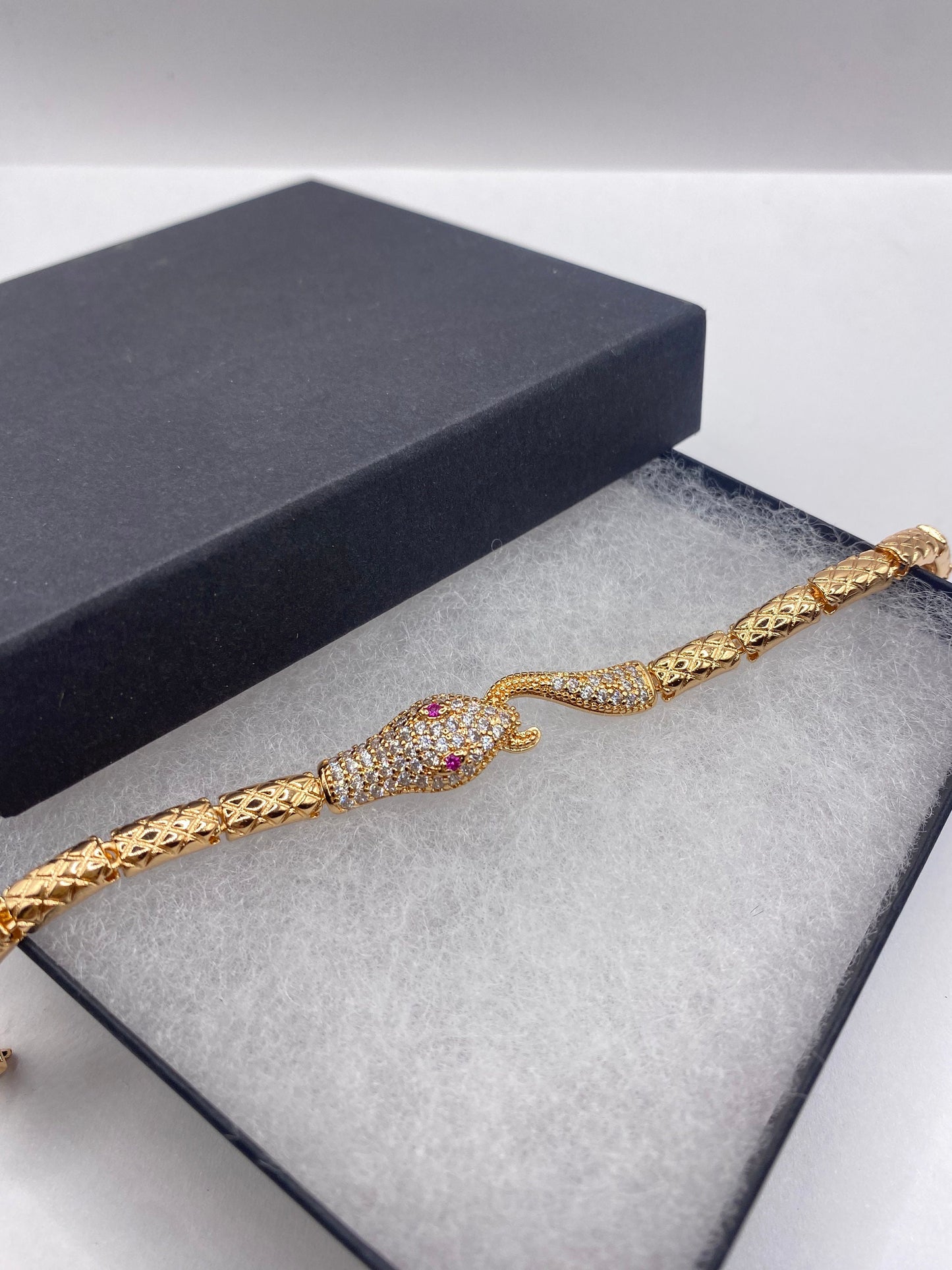 Vintage Snake Bracelet Gold filled Red Ruby Crystal Eyes