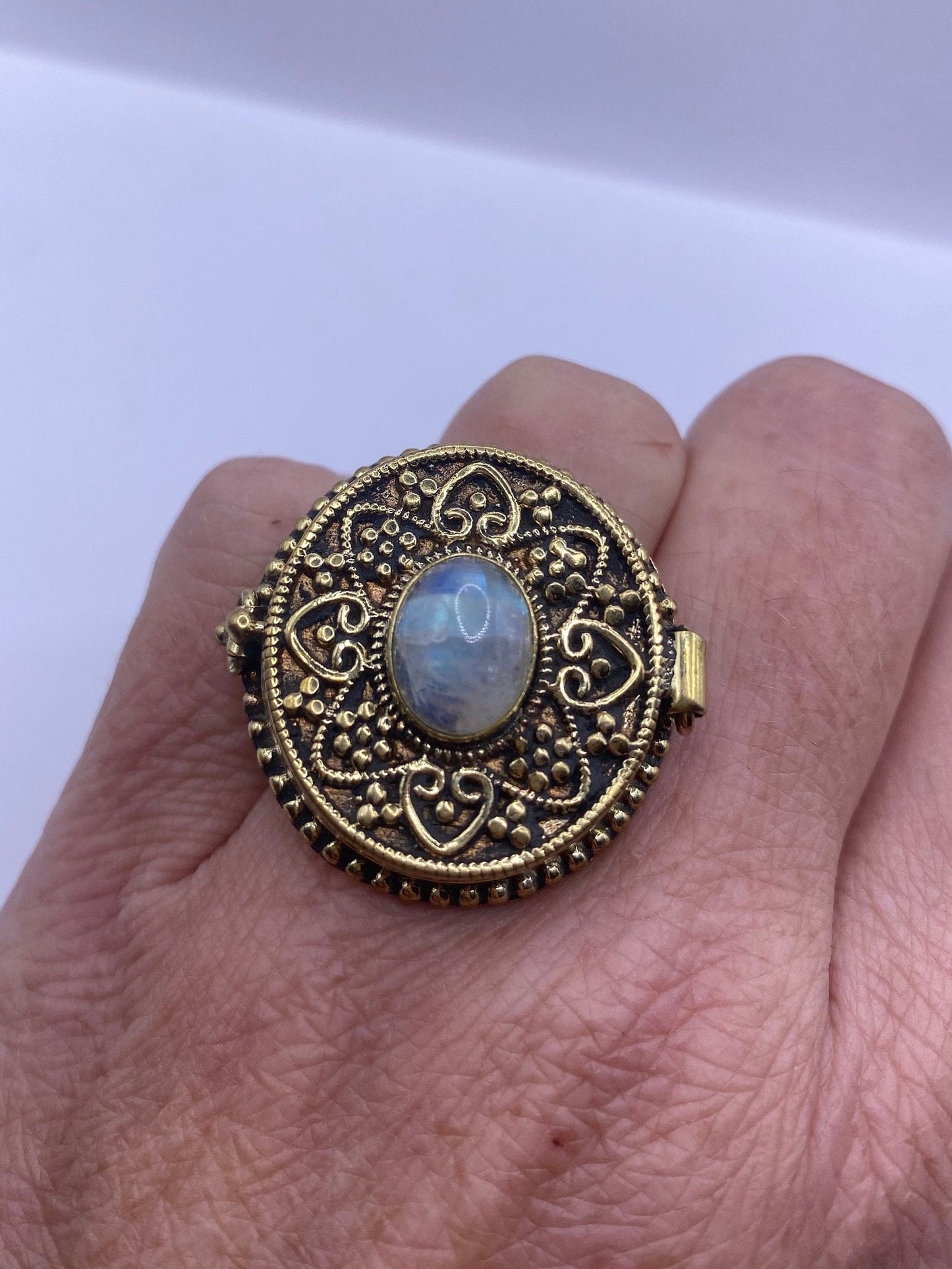 Vintage Rainbow Moonstone Brass Poison Pillbox Ring