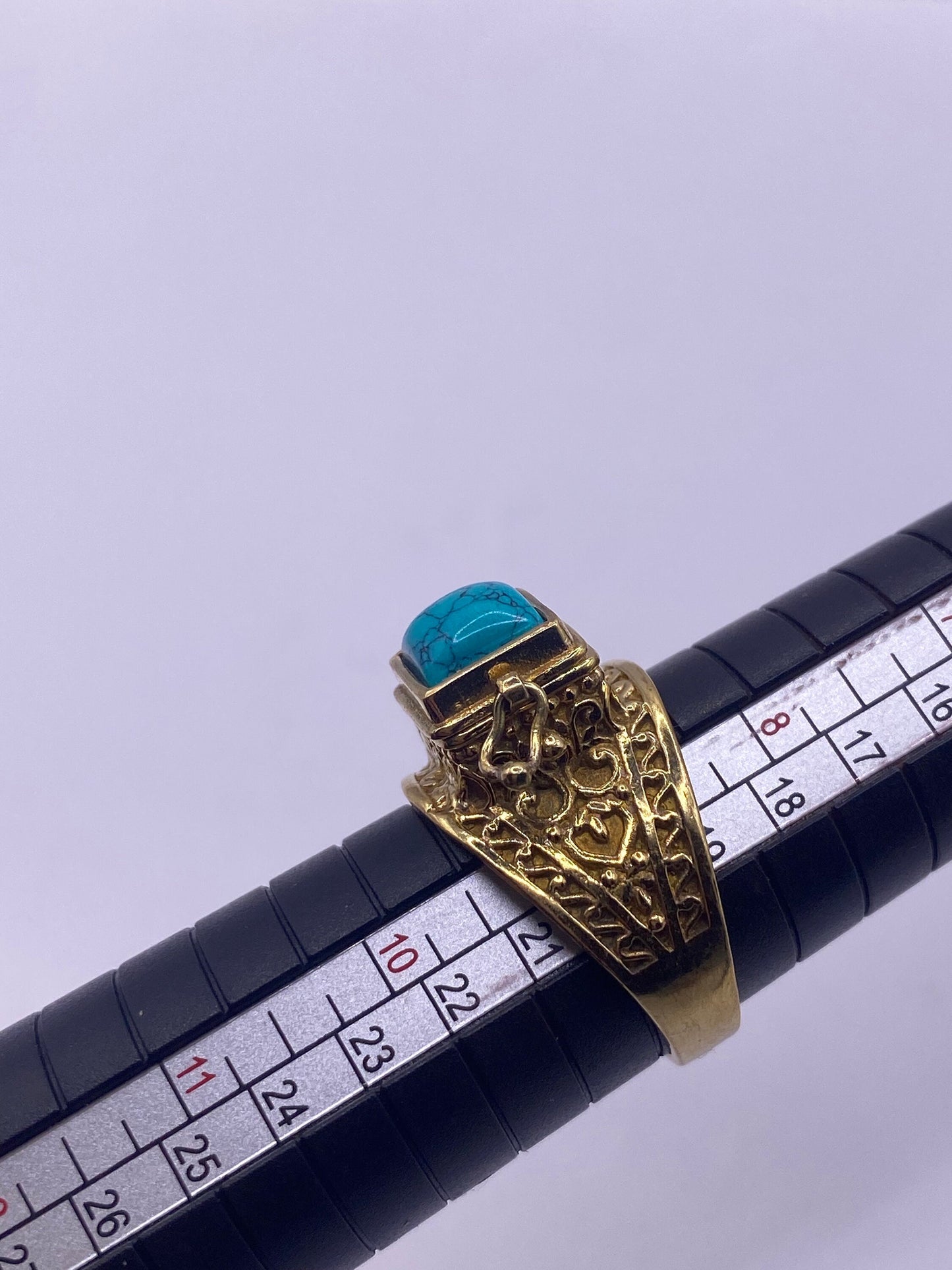 Vintage Gold Turquoise Brass Poison Pillbox Ring