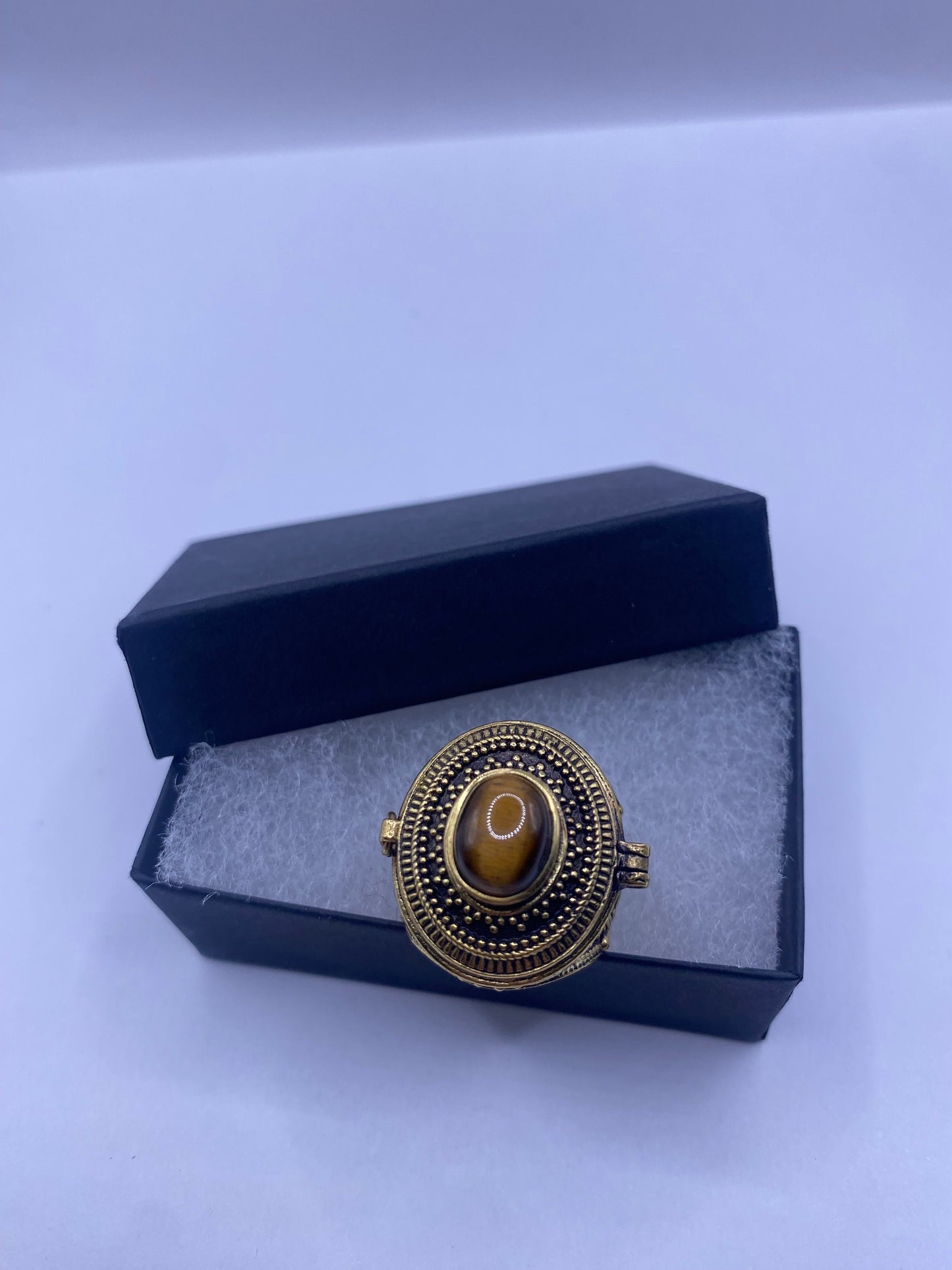 Vintage Gold Tigers Eye Brass Poison Pillbox Ring