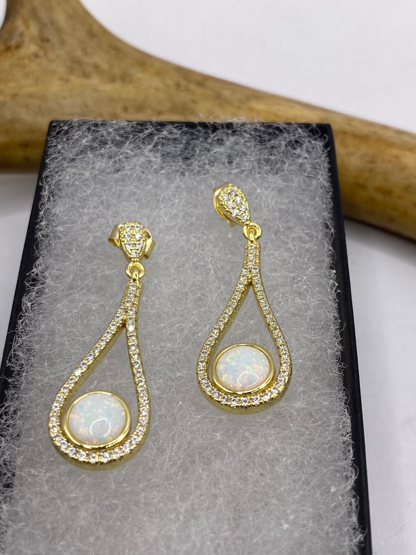 Vintage White Opal Earrings White Sapphire 925 Sterling Silver Dangle