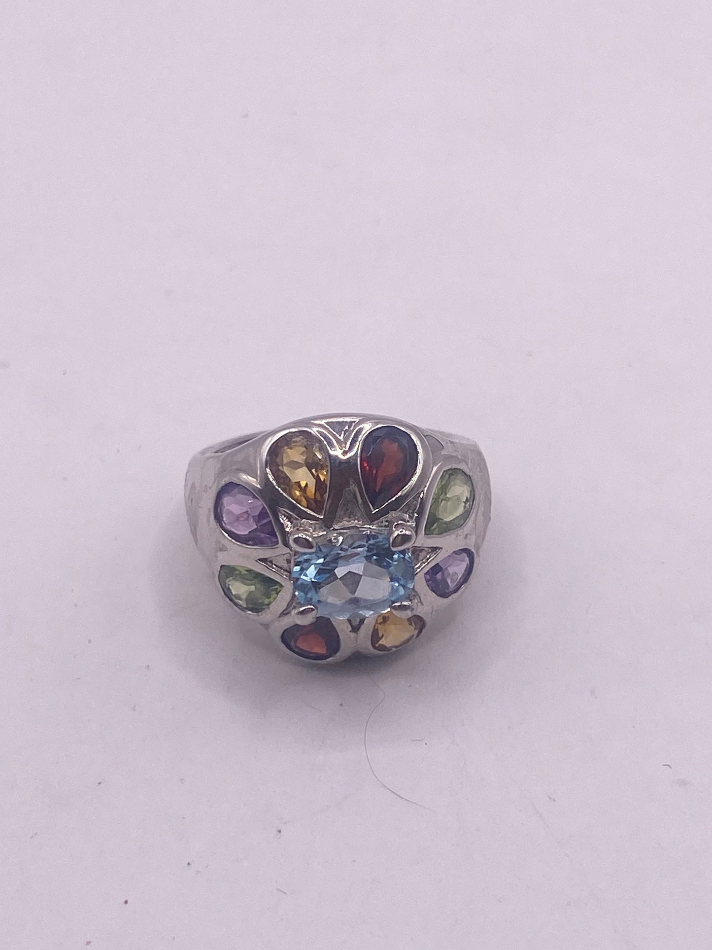 Vintage Mixed Genuine Gemstones 925 Sterling Silver Heart Cocktail Ring