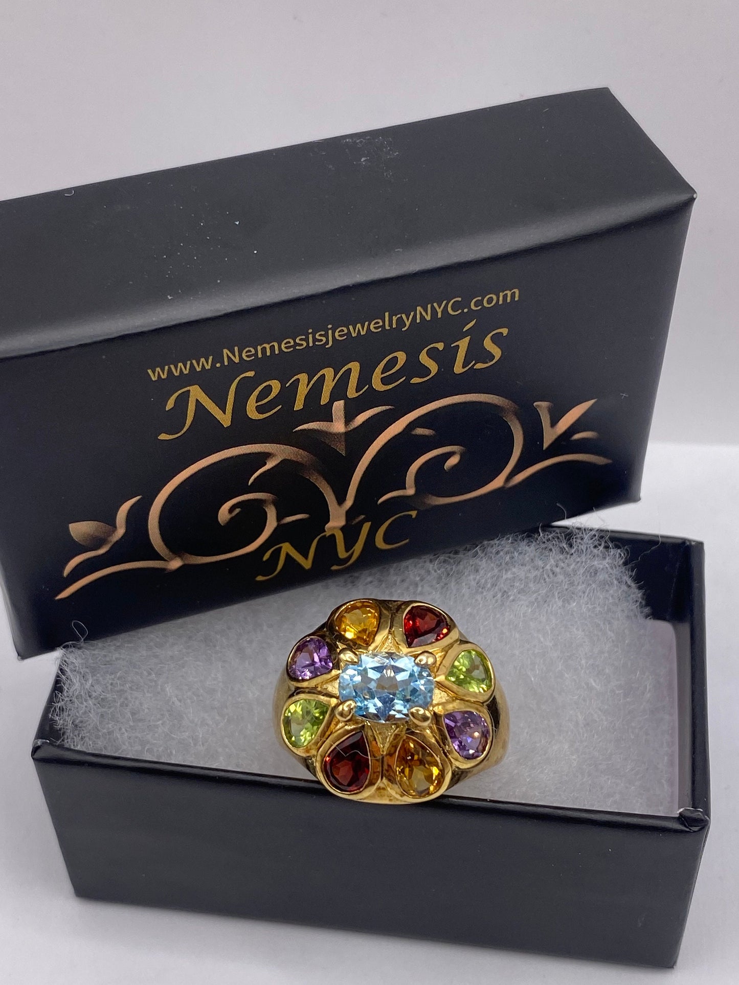 Vintage Mixed Genuine Gemstones Gold 925 Sterling Silver Heart Cocktail Ring