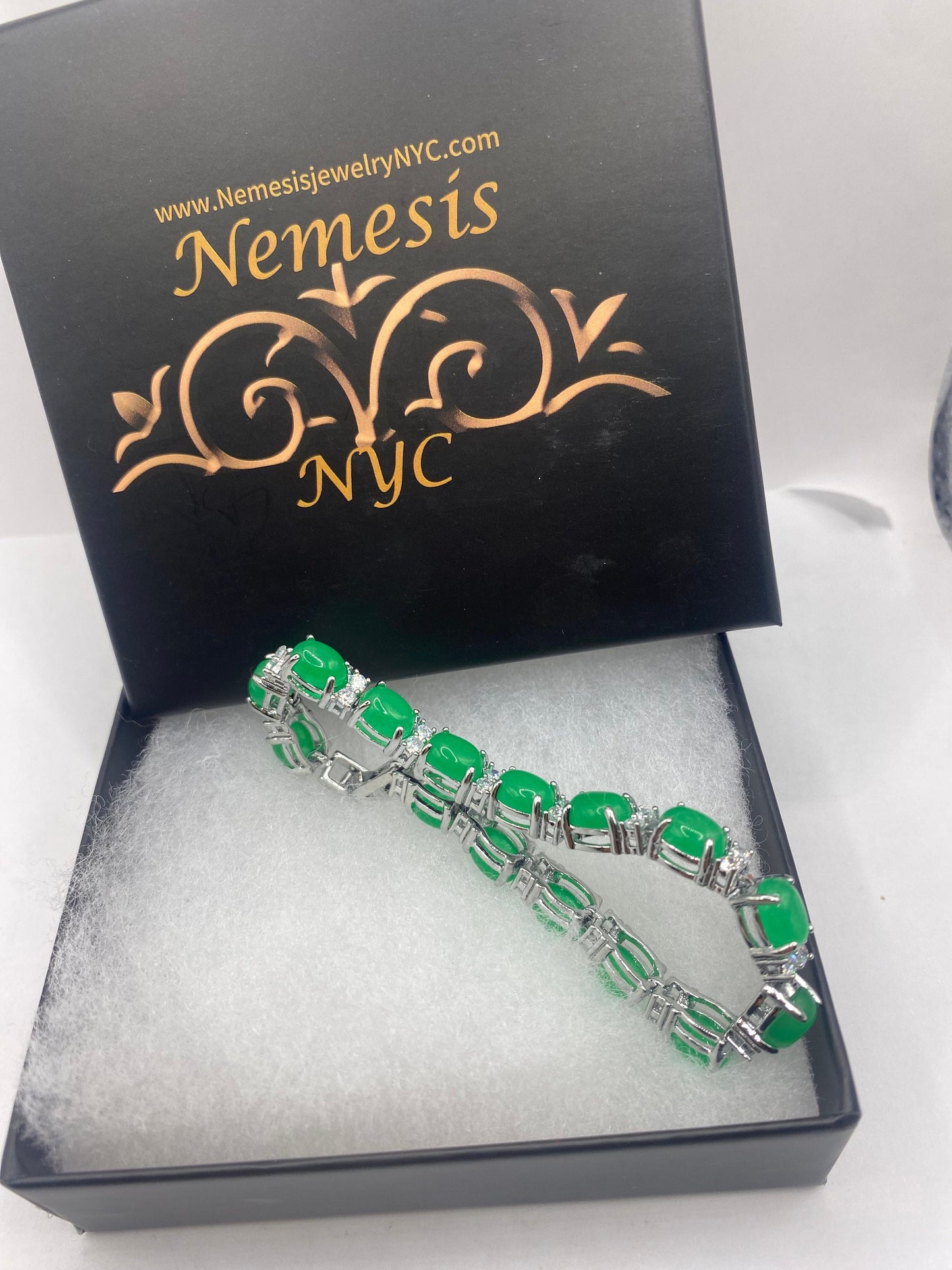 Vintage Green Jade Bracelet Silver White Bronze