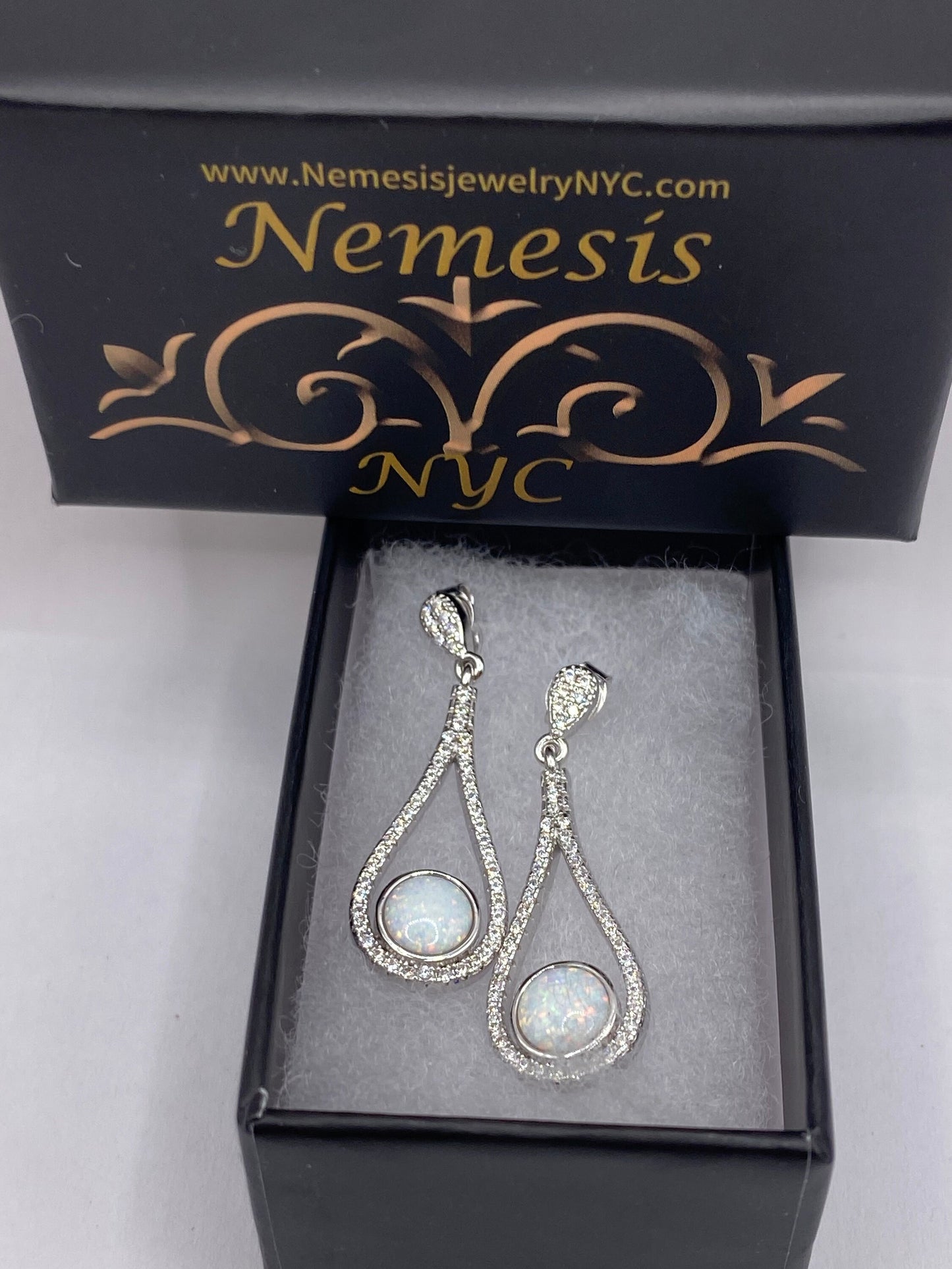 Vintage White Opal Earrings White Sapphire 925 Sterling Silver Dangle