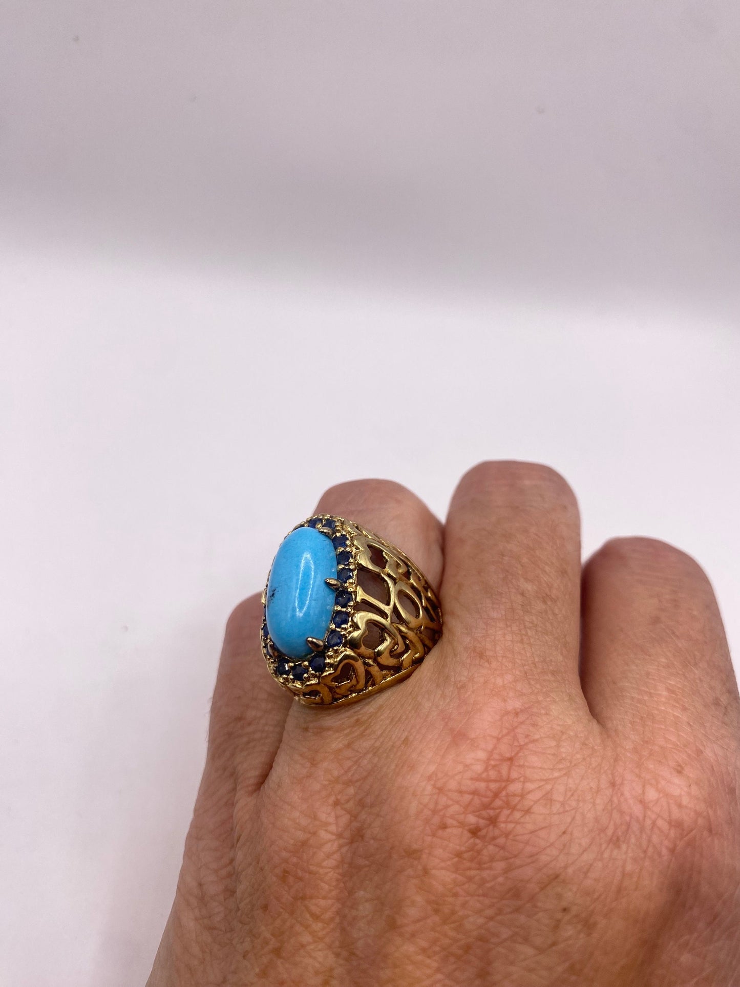 Vintage Tibetan Turquoise Gold 925 Sterling Silver Ring