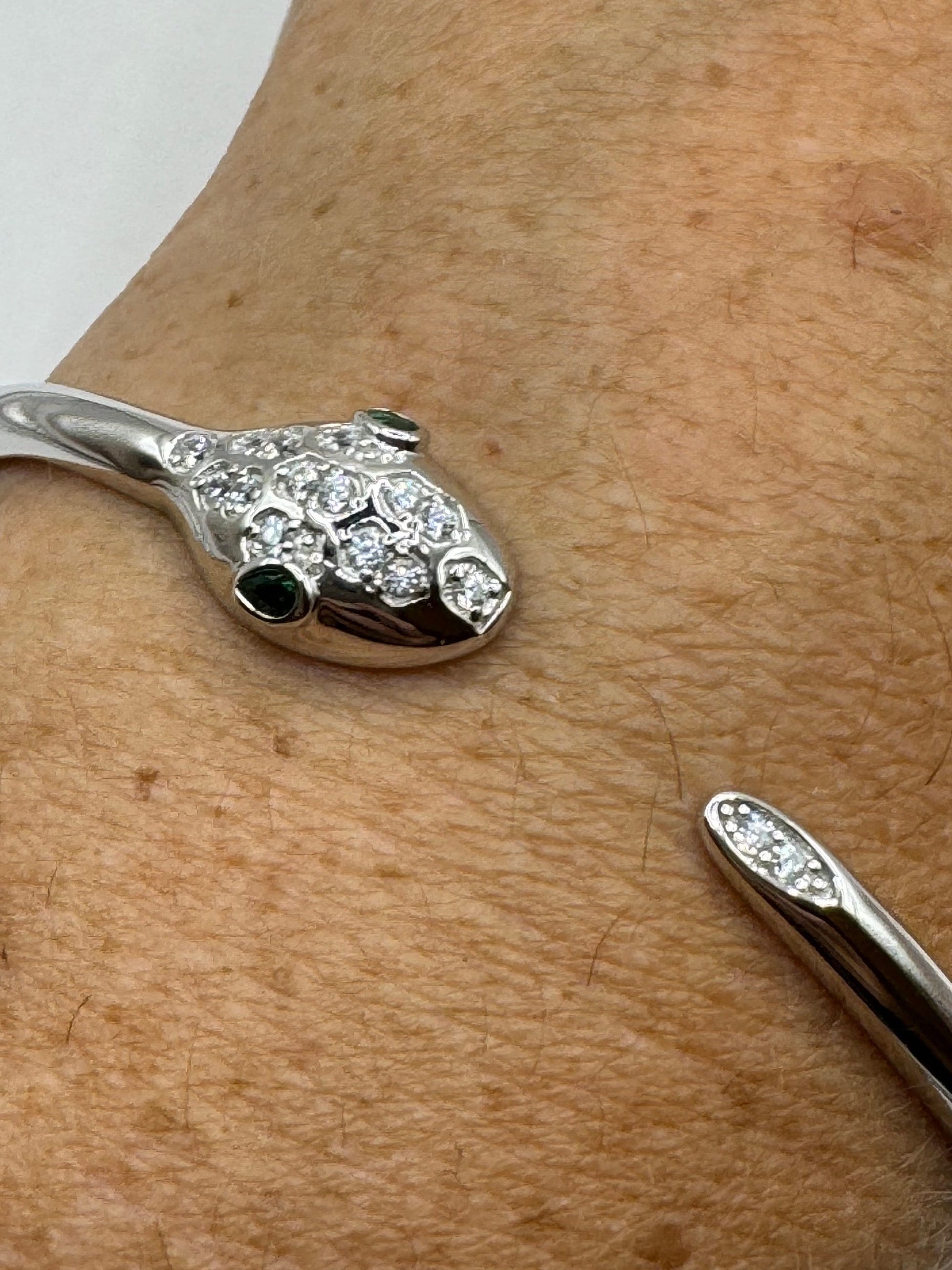 Vintage Snake Bangle Cuff Bracelet 925 Sterling Silver Crystal 