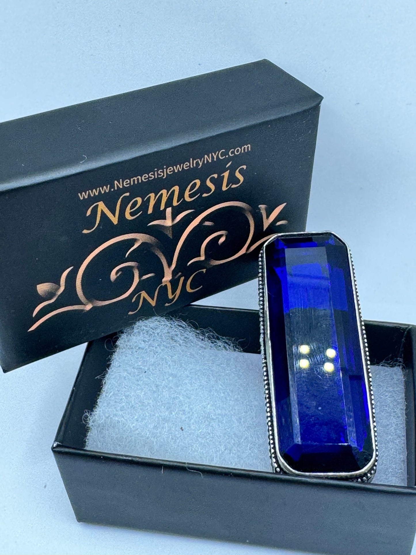 Vintage Blue Colbolt Glass Deco Cocktail Ring Size 6.5