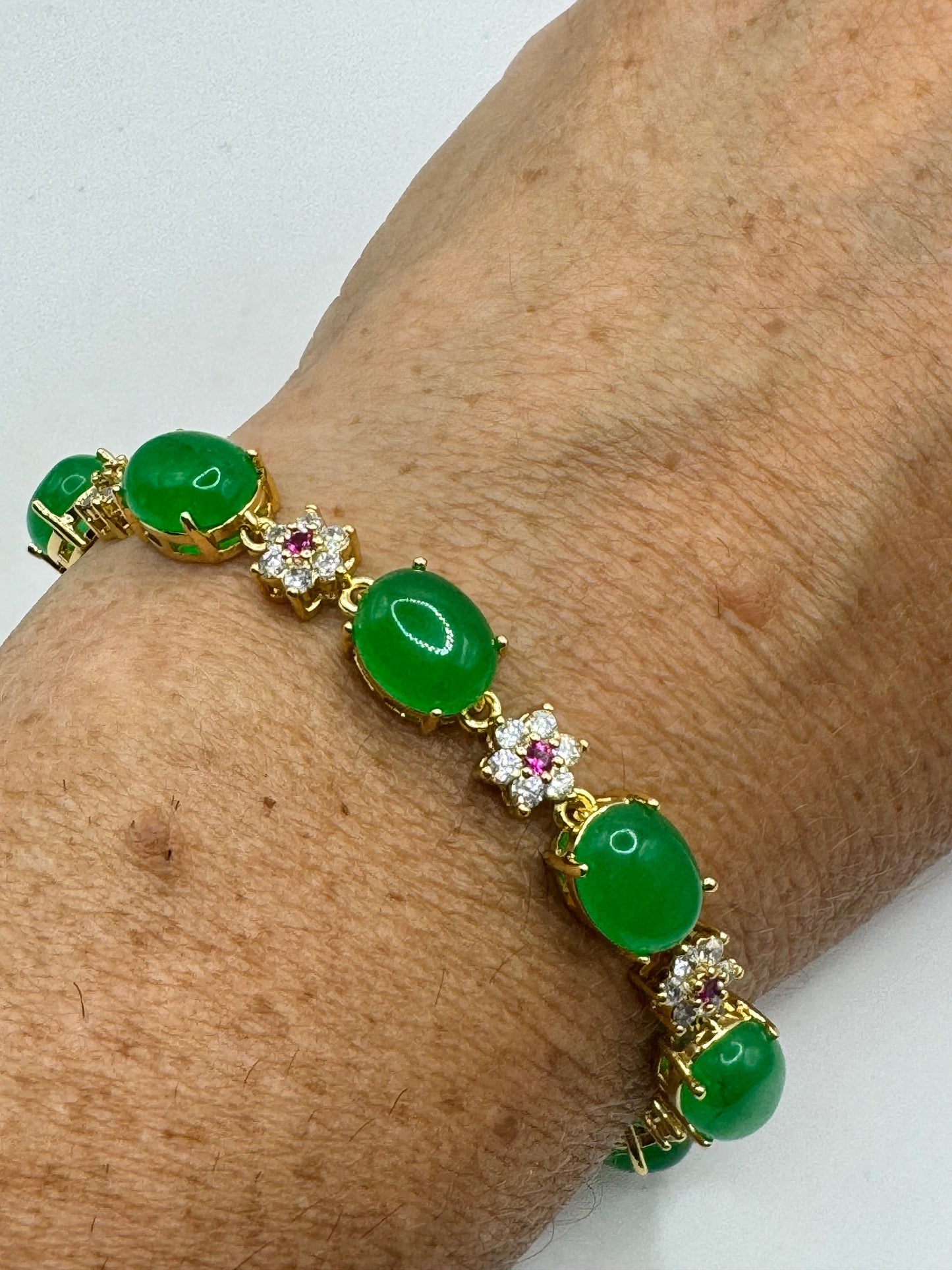 Vintage Green Jade Tennis Bracelet Gold Bronze
