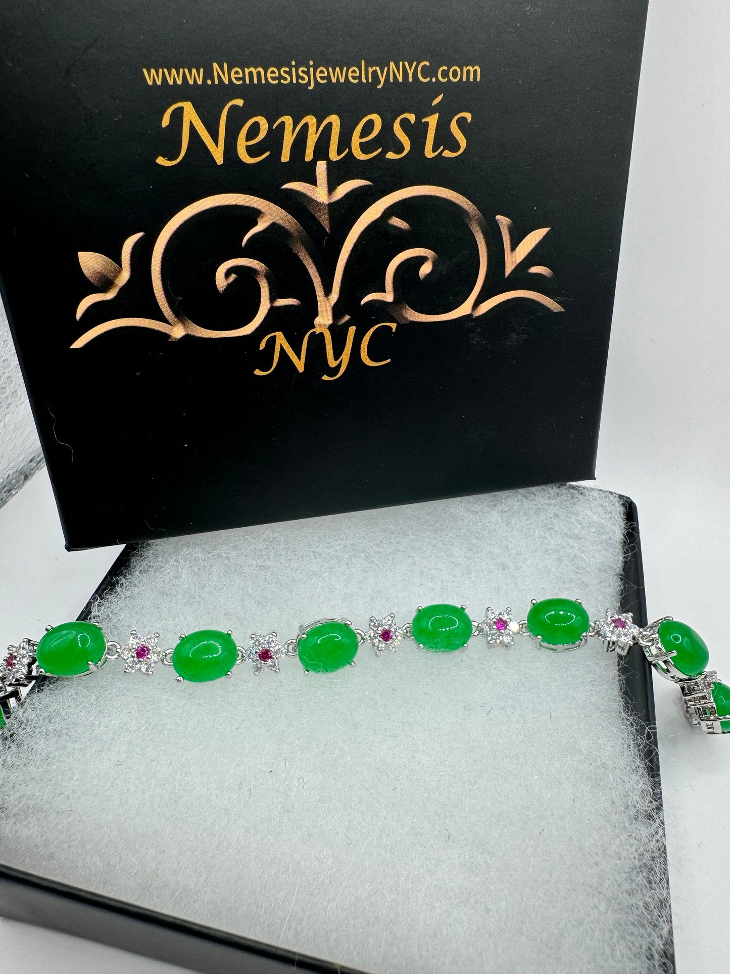 Vintage Green Jade Tennis Bracelet Gold Bronze