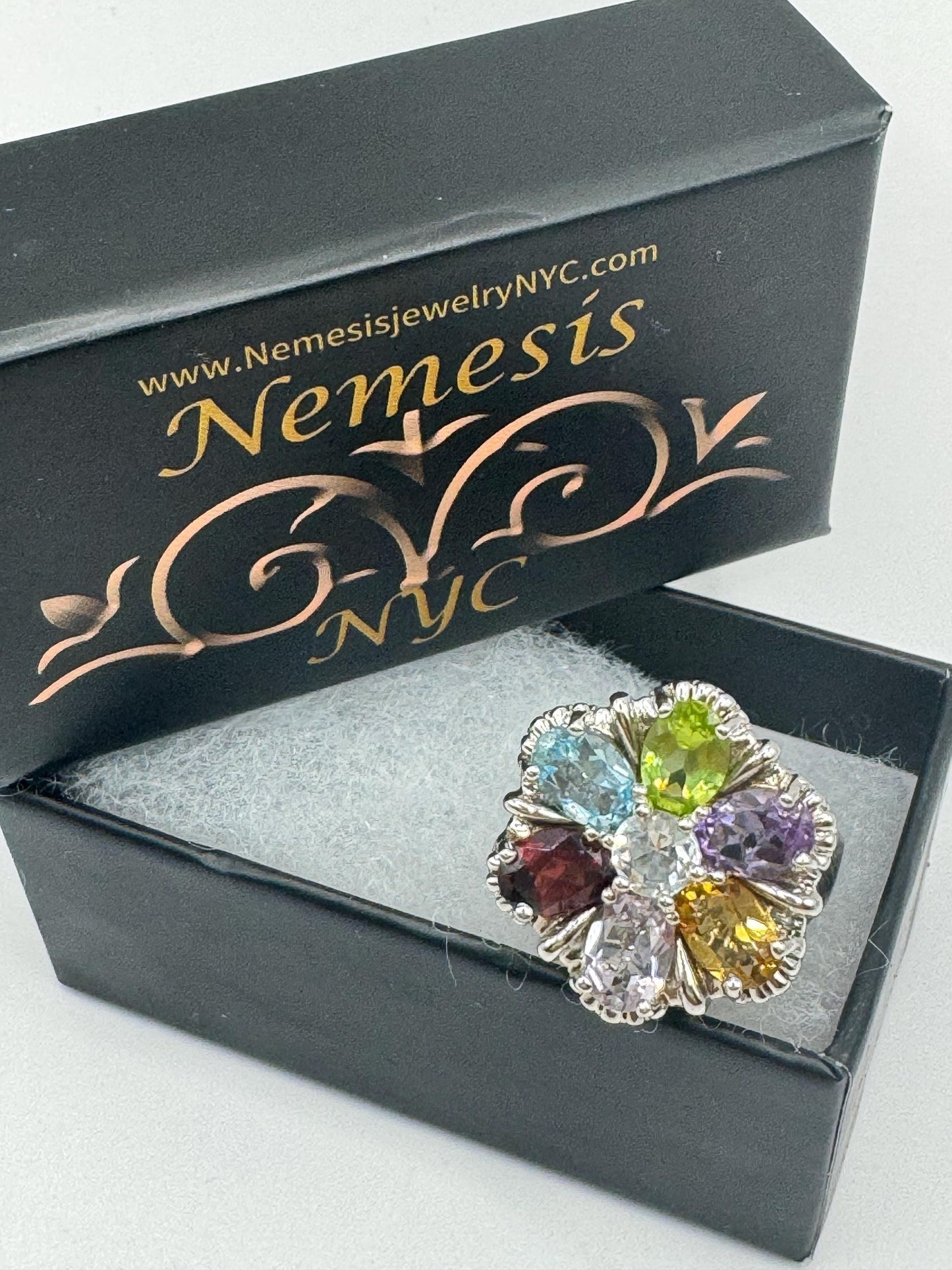 Vintage Genuine Mixed Gemstone 925 Sterling Silver Flower Cocktail Ring