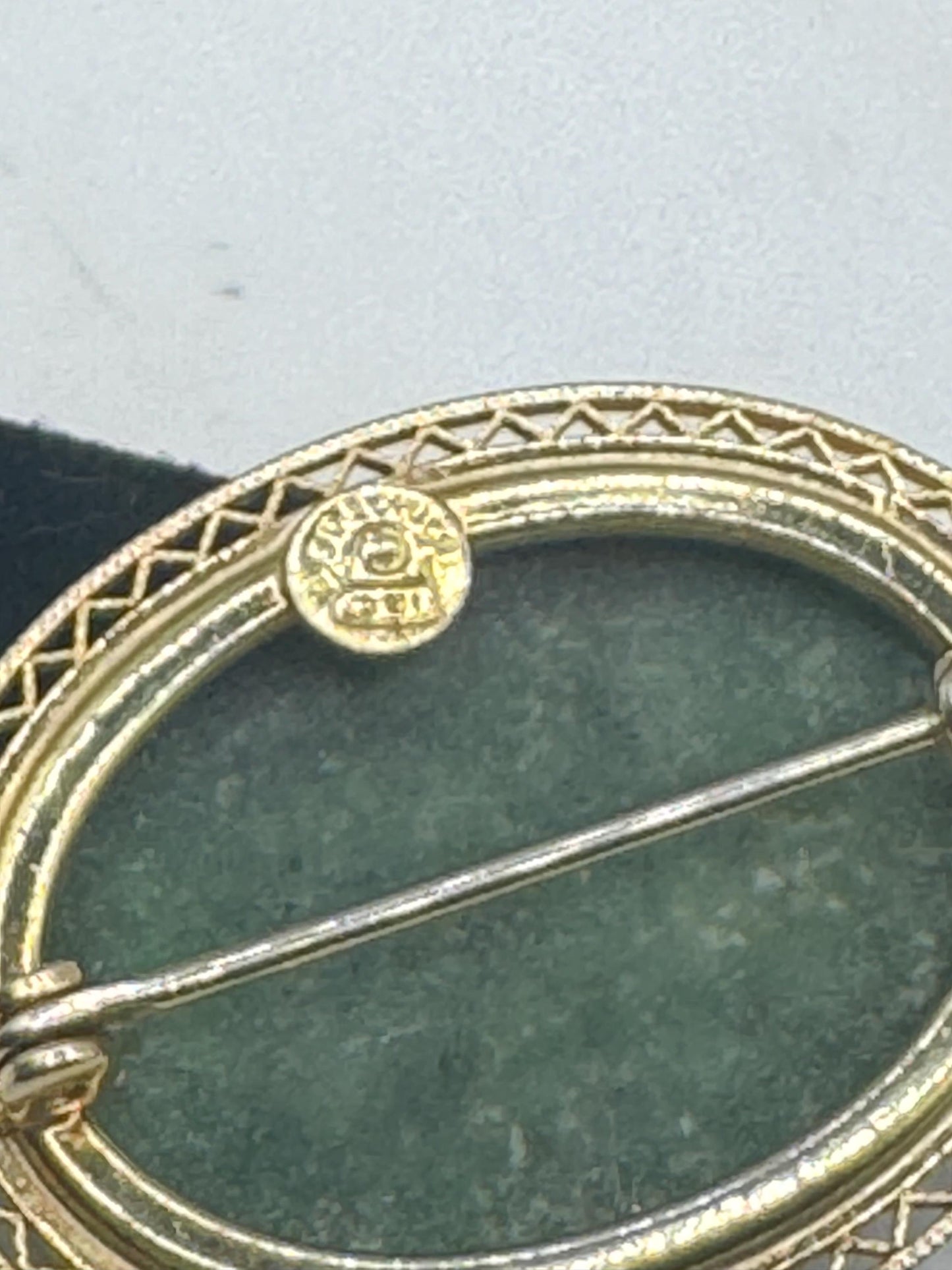 Vintage Green Jade Yellow Gold Filled Brooch Pin