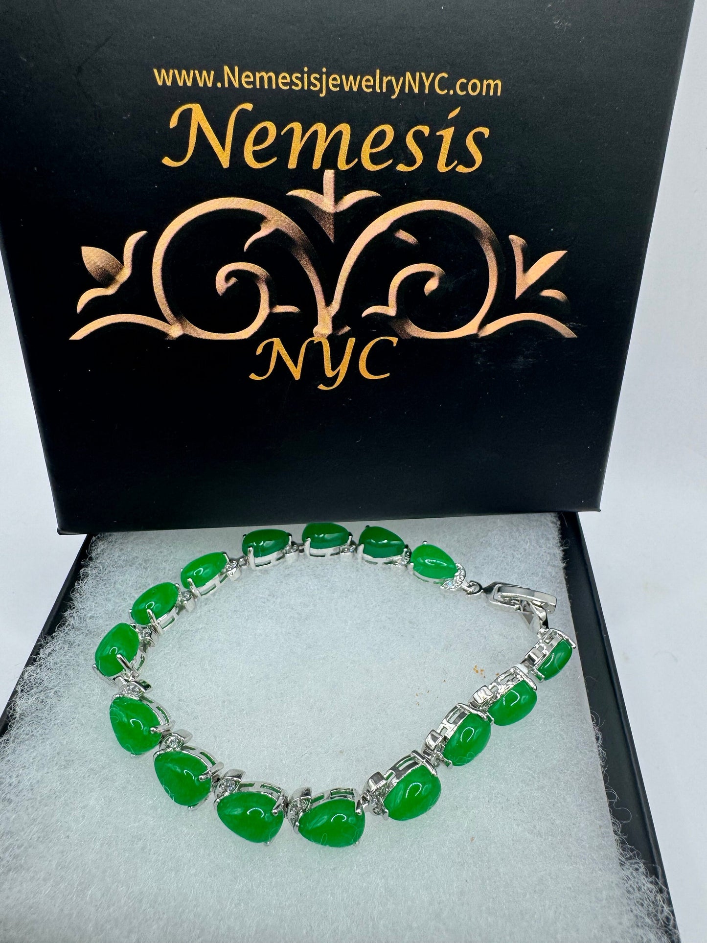 Vintage Green Jade Tennis Bracelet Silver Bronze