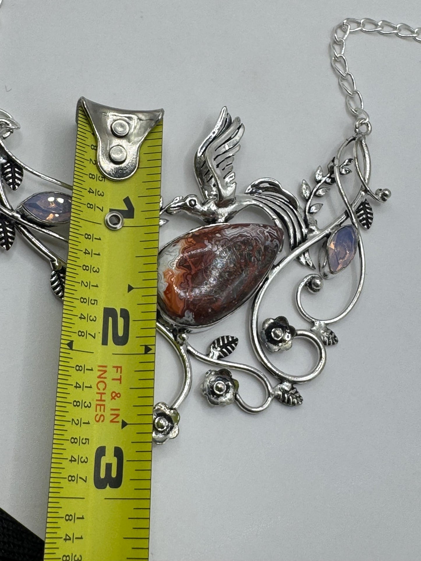 Vintage Silver Genuine Picture Jasper Bird on Vine Choker Necklace.