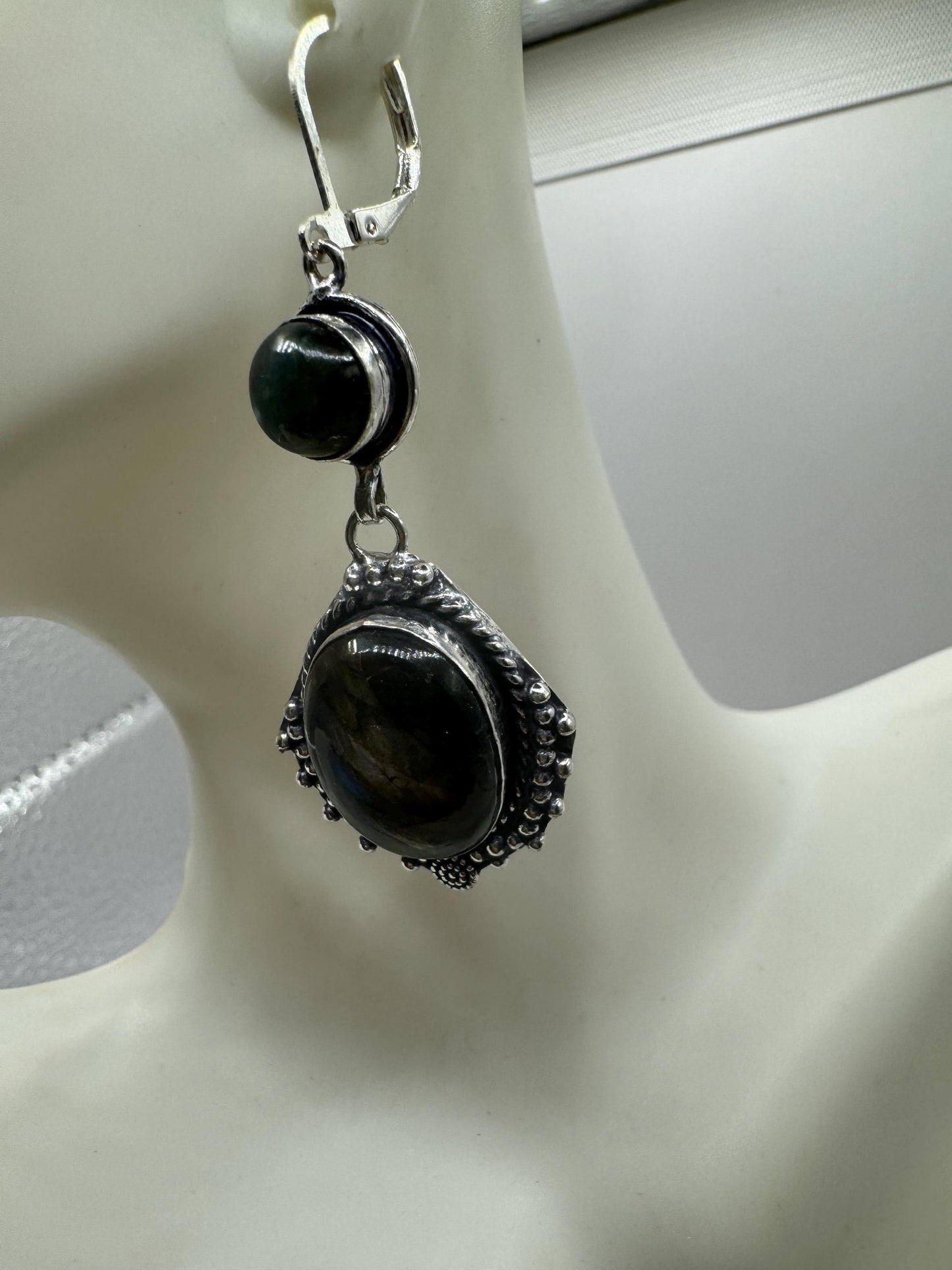 Antique Vintage Green Labradorite Silver Dangle Earrings