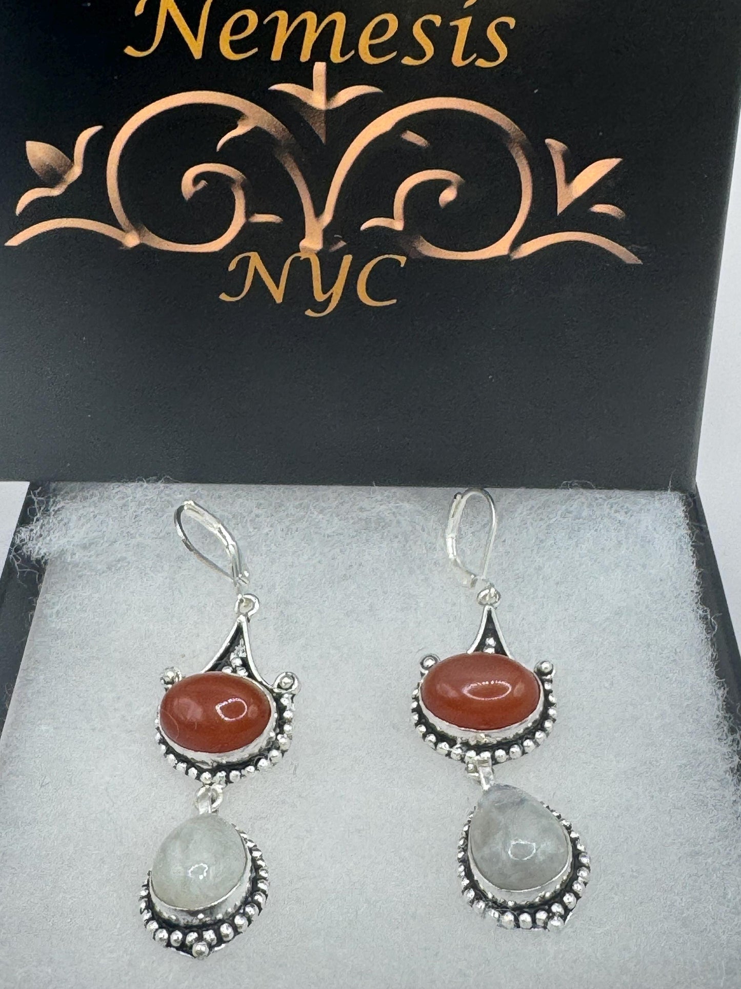 Vintage rainbow moonstone carnelian 925 sterling silver lever back dangle earrings