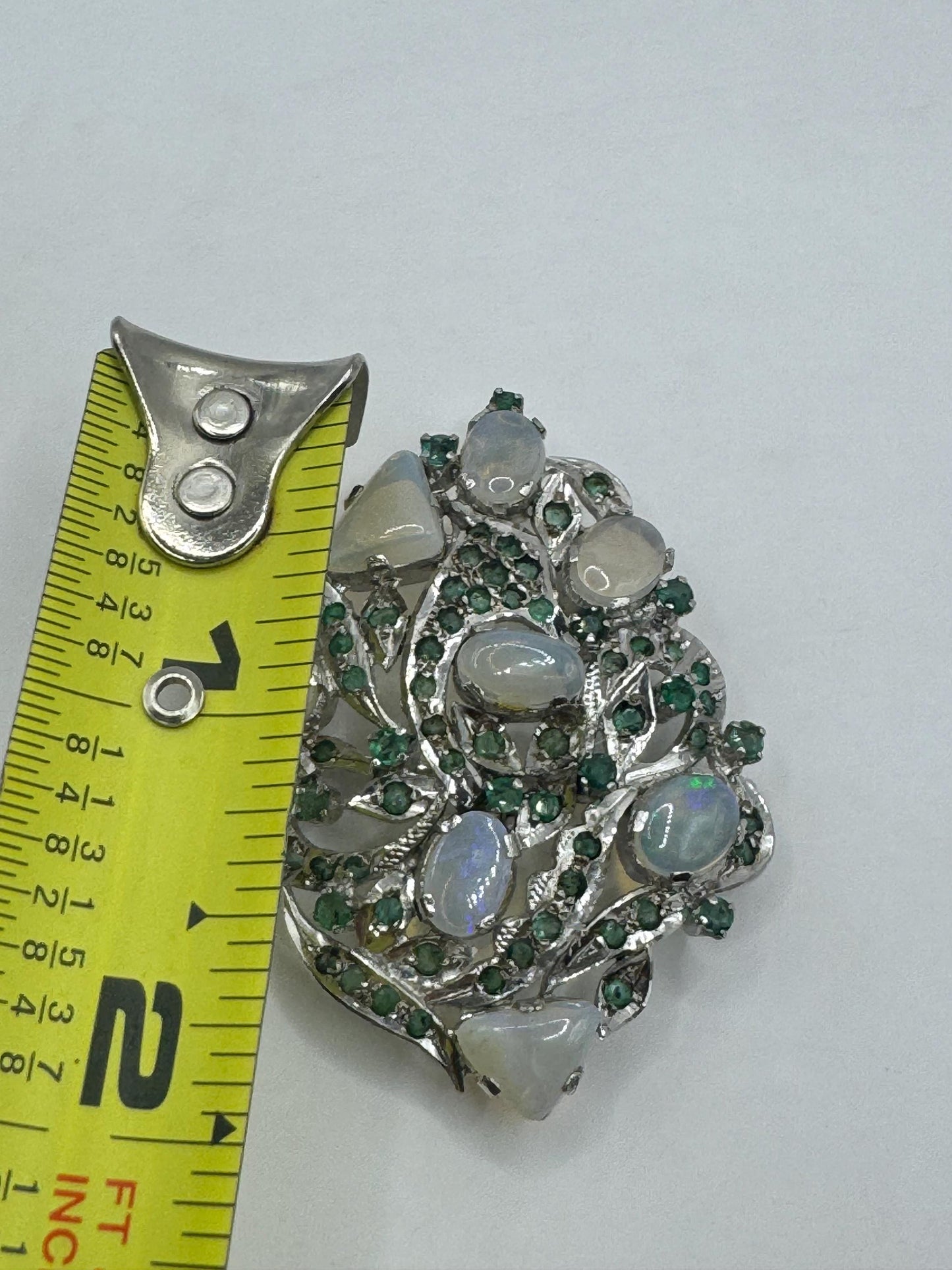 Vintage White Opal Green Emerald Choker 925 Sterling Silver Pendant Necklace Pin Brooch
