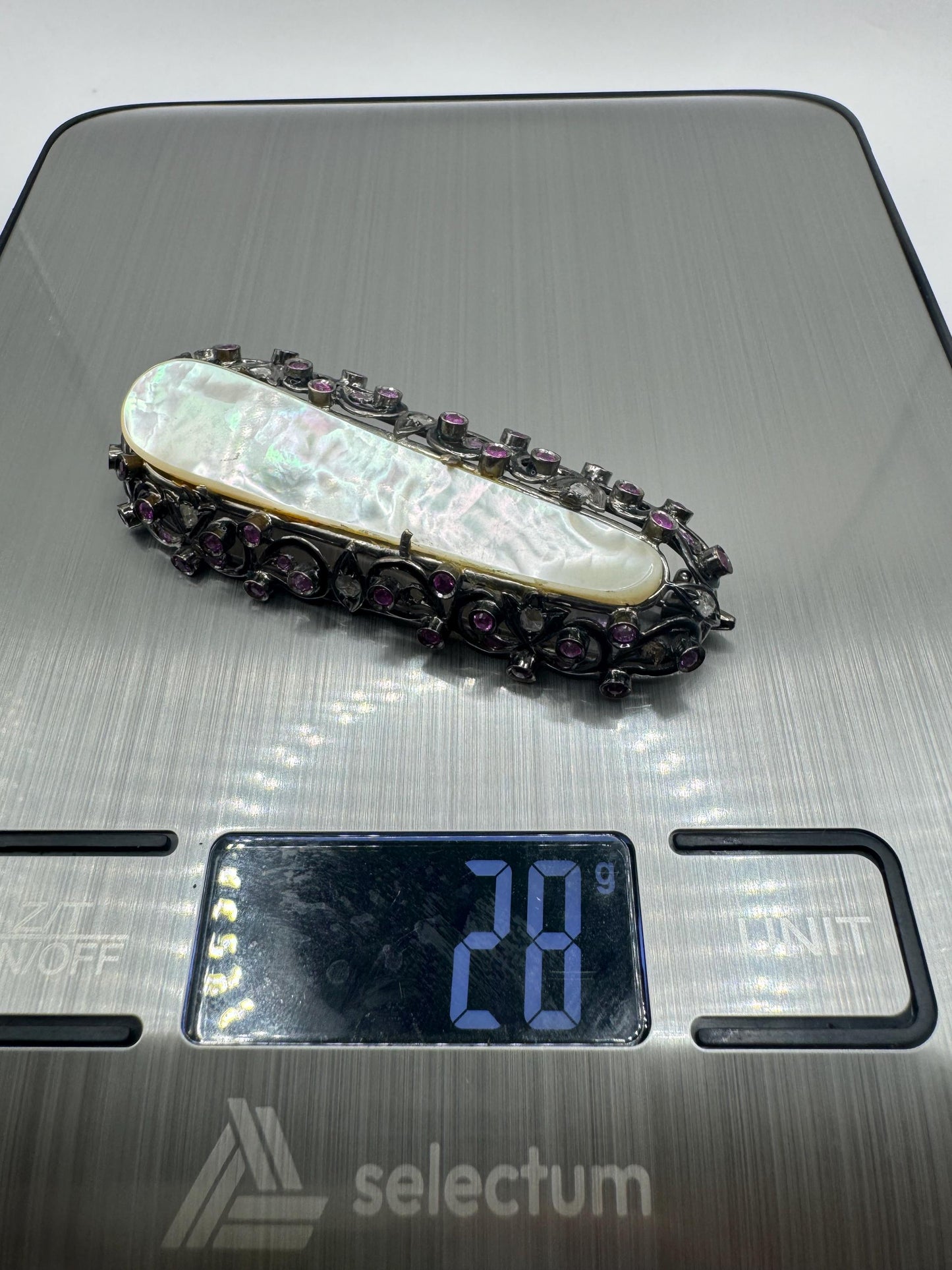 Vintage White Mother of Pearl Red Ruby and Rose Cut Diamond 14k White Gold Pin Brooch