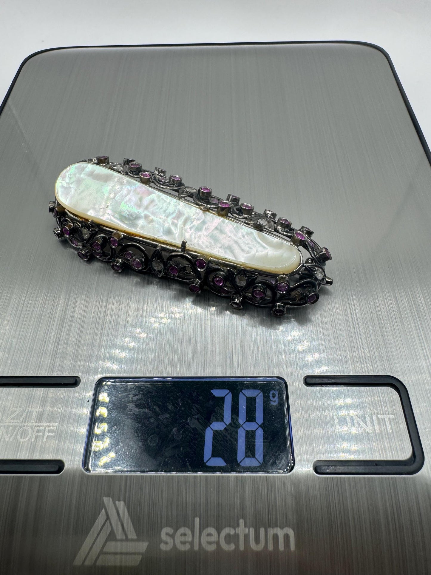 Vintage 14k White Gold Brooch: Mother of Pearl, Ruby & Rose Cut Diamond Pin