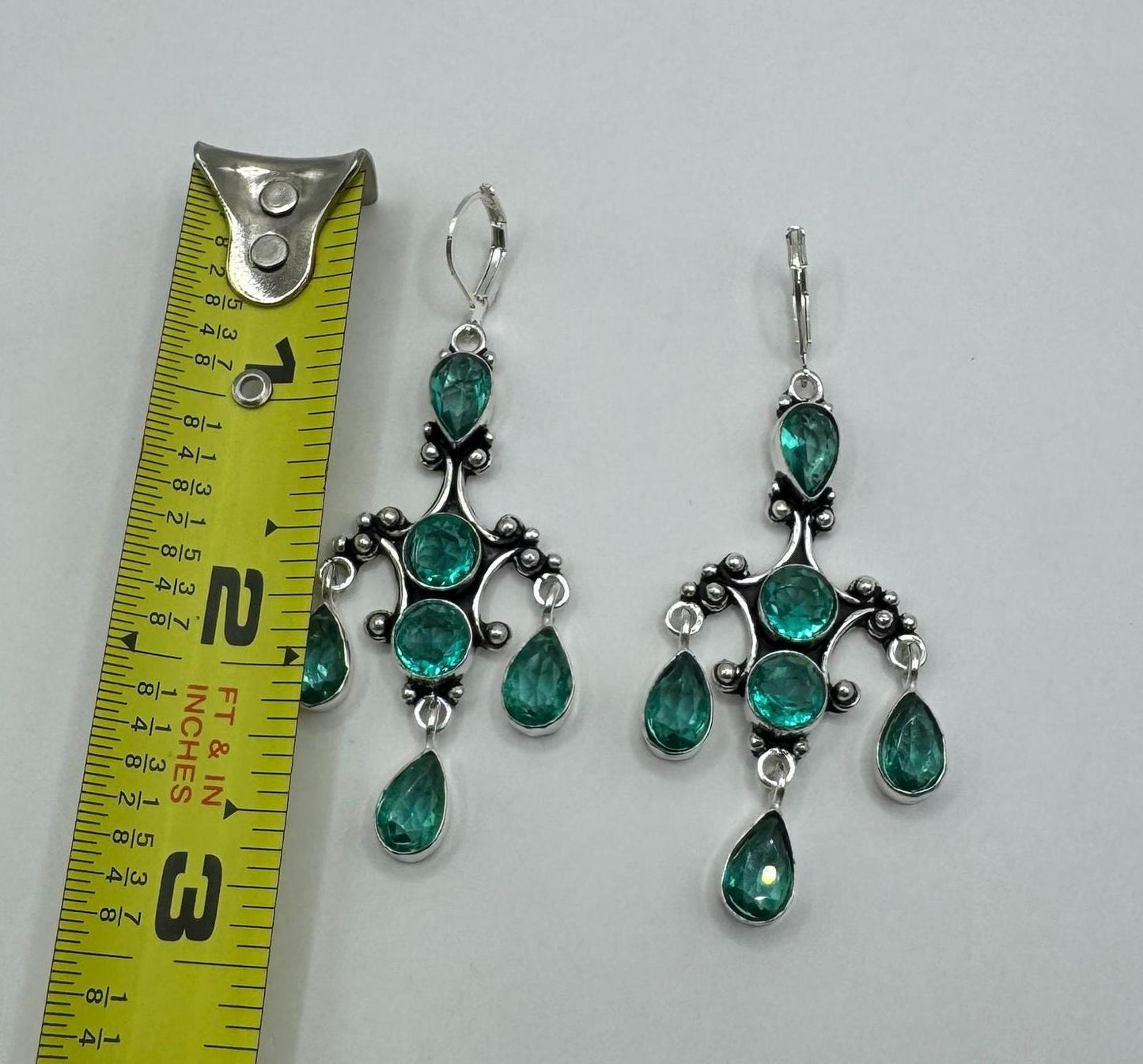 Vintage Green Crystal Glass Earrings 925 Sterling Silver Leverback