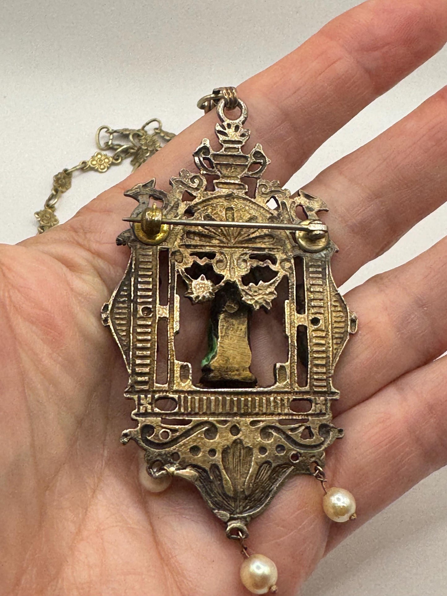 Vintage Austrio Hungarian Statement Silver Necklace| Roman revival| Green enamel