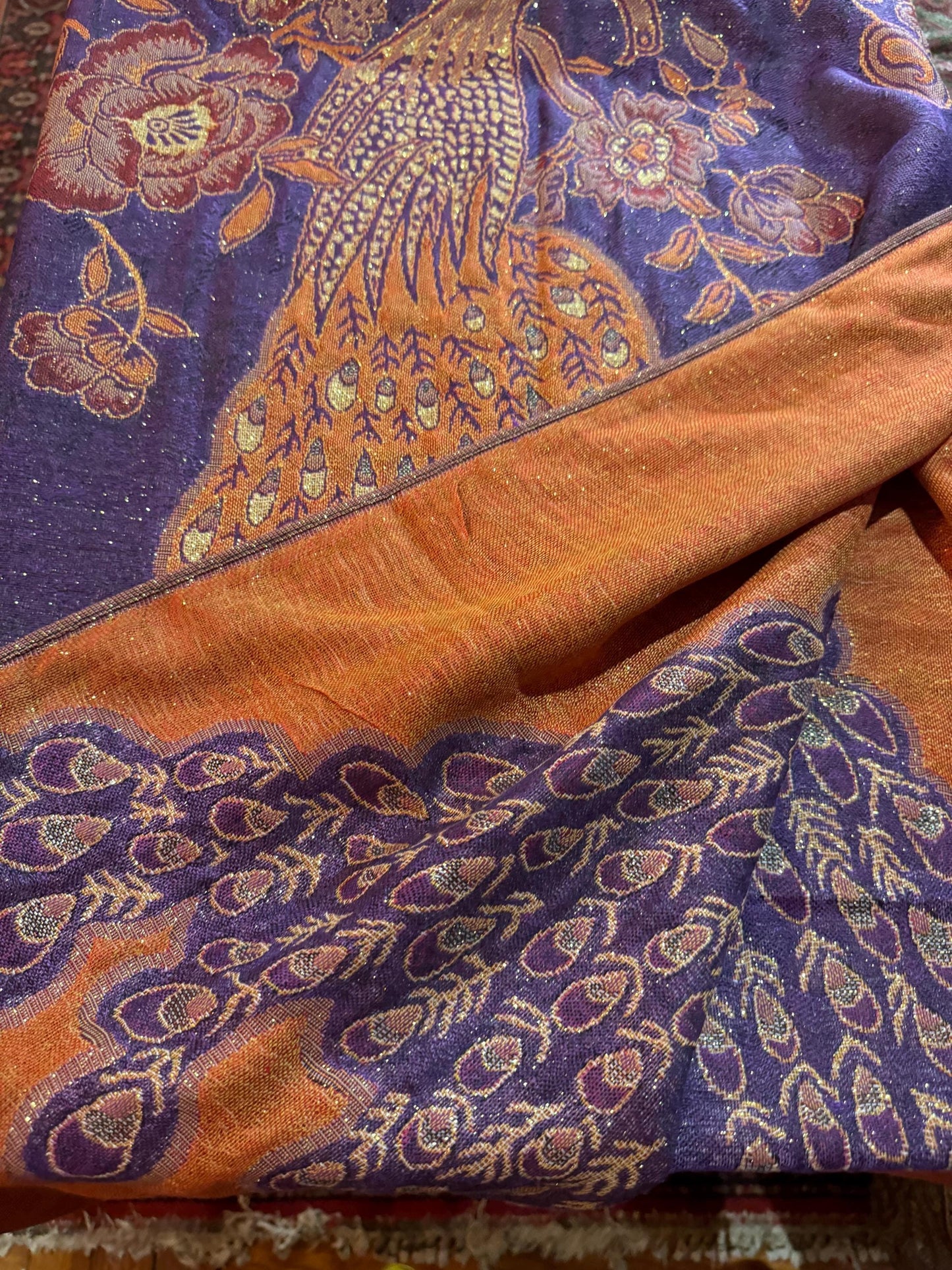 Vintage Purple Peacock Feather Brocade Pashmina Scarf Wrap Shawl