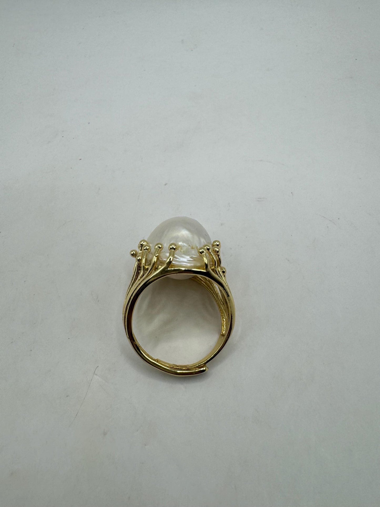 Vintage Biwa Pearl Ring Golden 925 Sterling Silver Cocktail Statement Adjustable