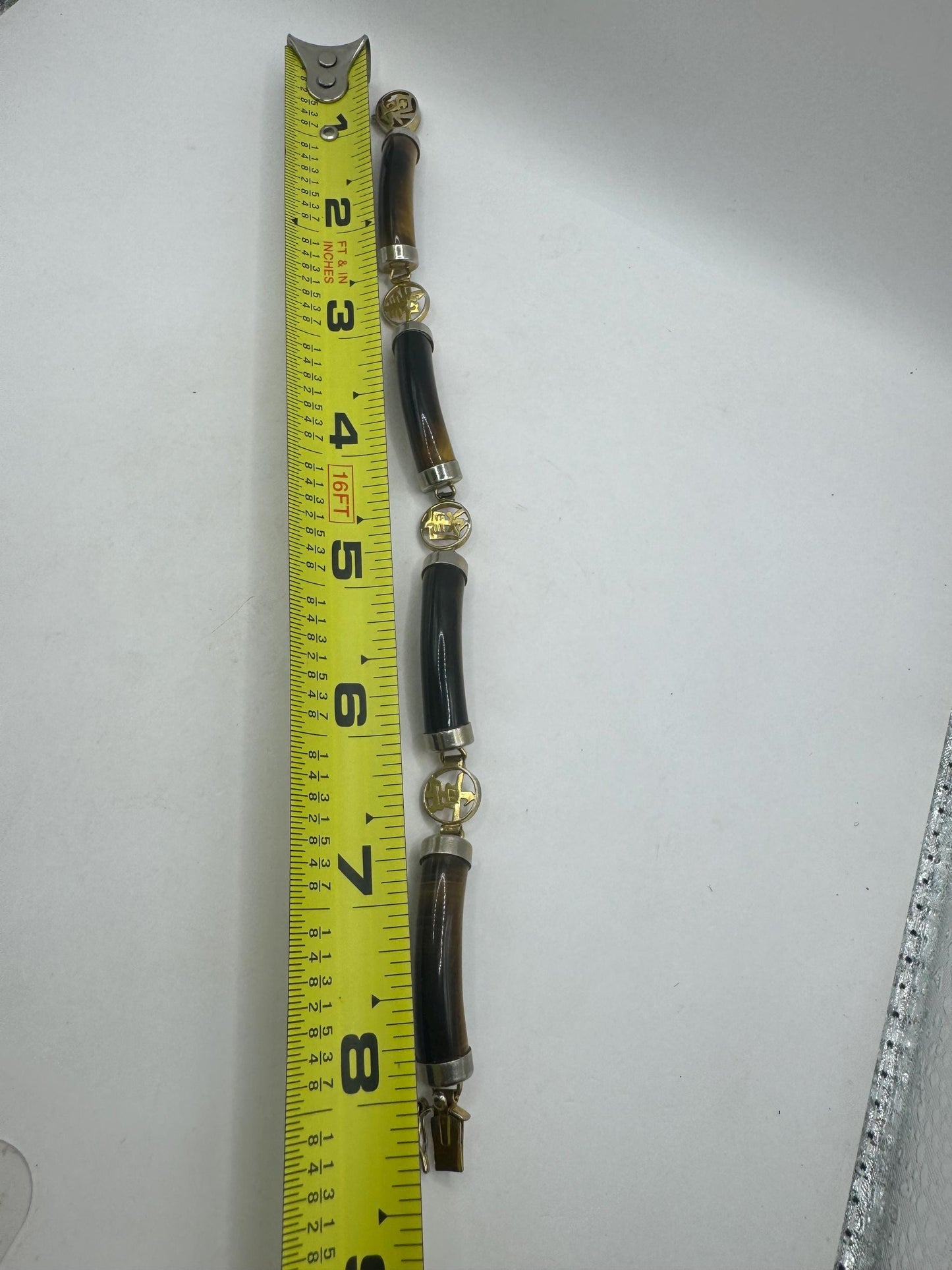 Vintage Tigers Eye gold 925 Sterling Silver Chinese calligraphy Filligree Bracelet