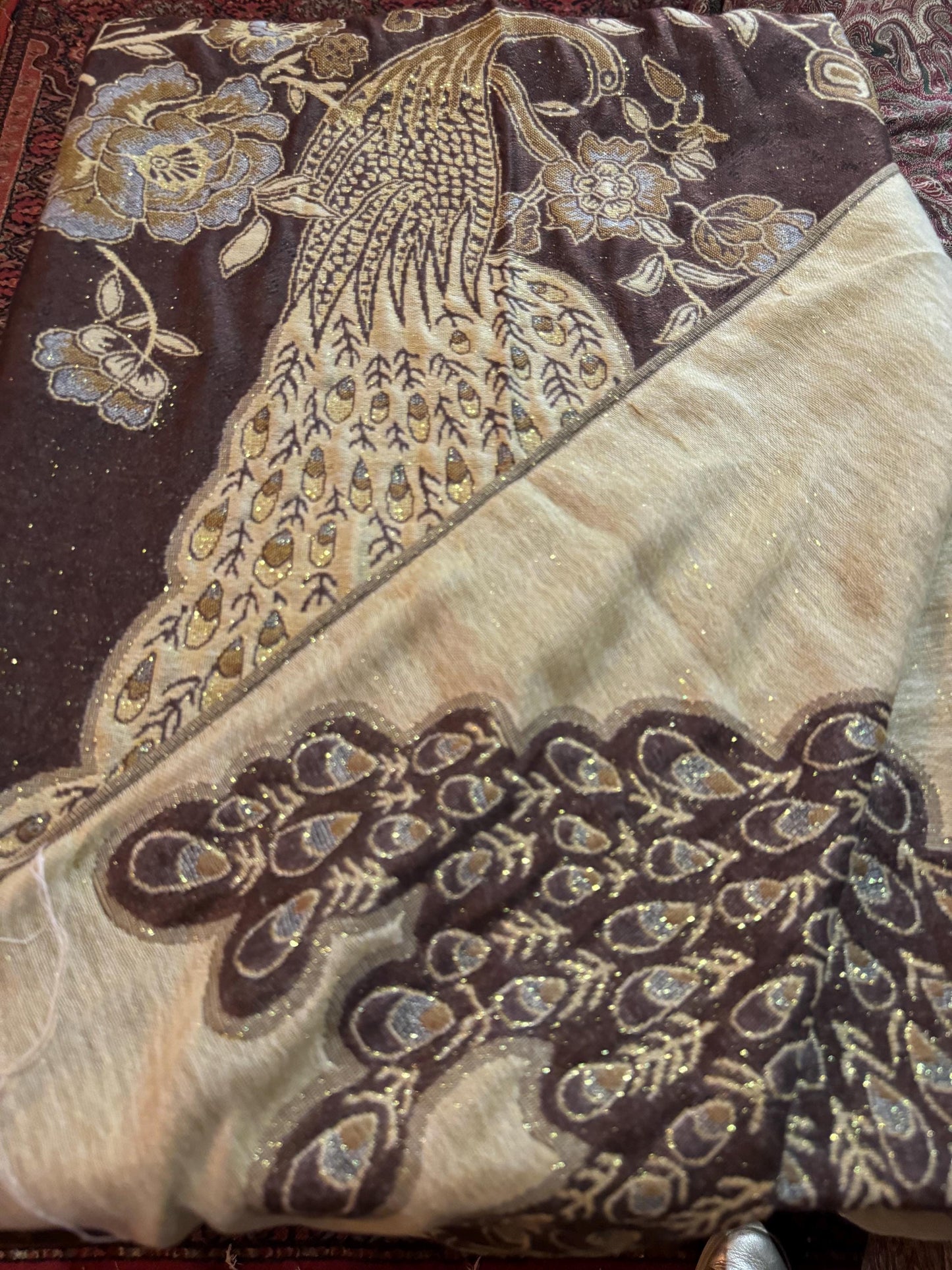 Vintage Brown Peacock Feather Brocade Pashmina Scarf Wrap Shawl
